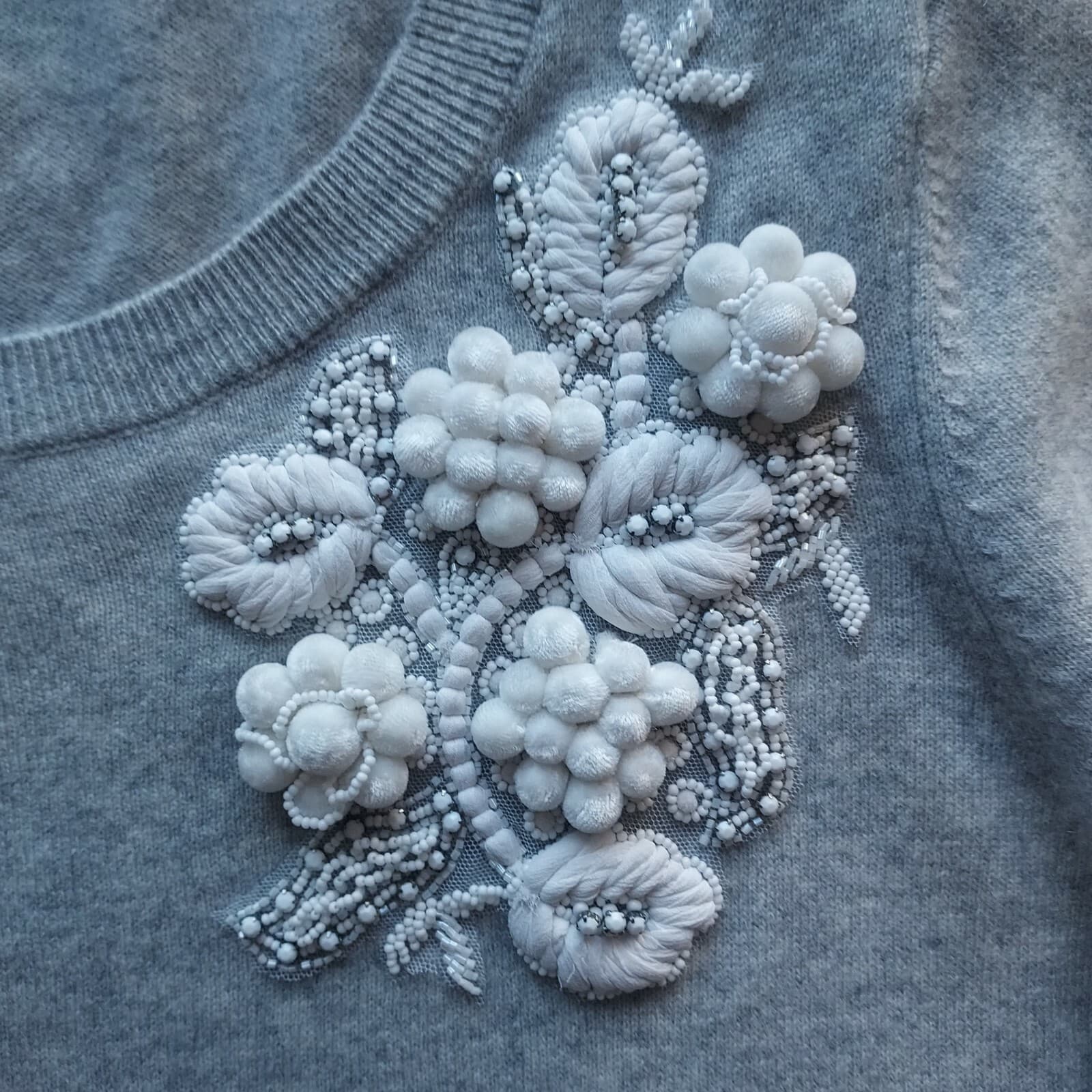 NWoT BADGLEY MISCHKA Bead Embellished Cashmere Sweater Crew Neck Gray Women XL - Thumbnail 9