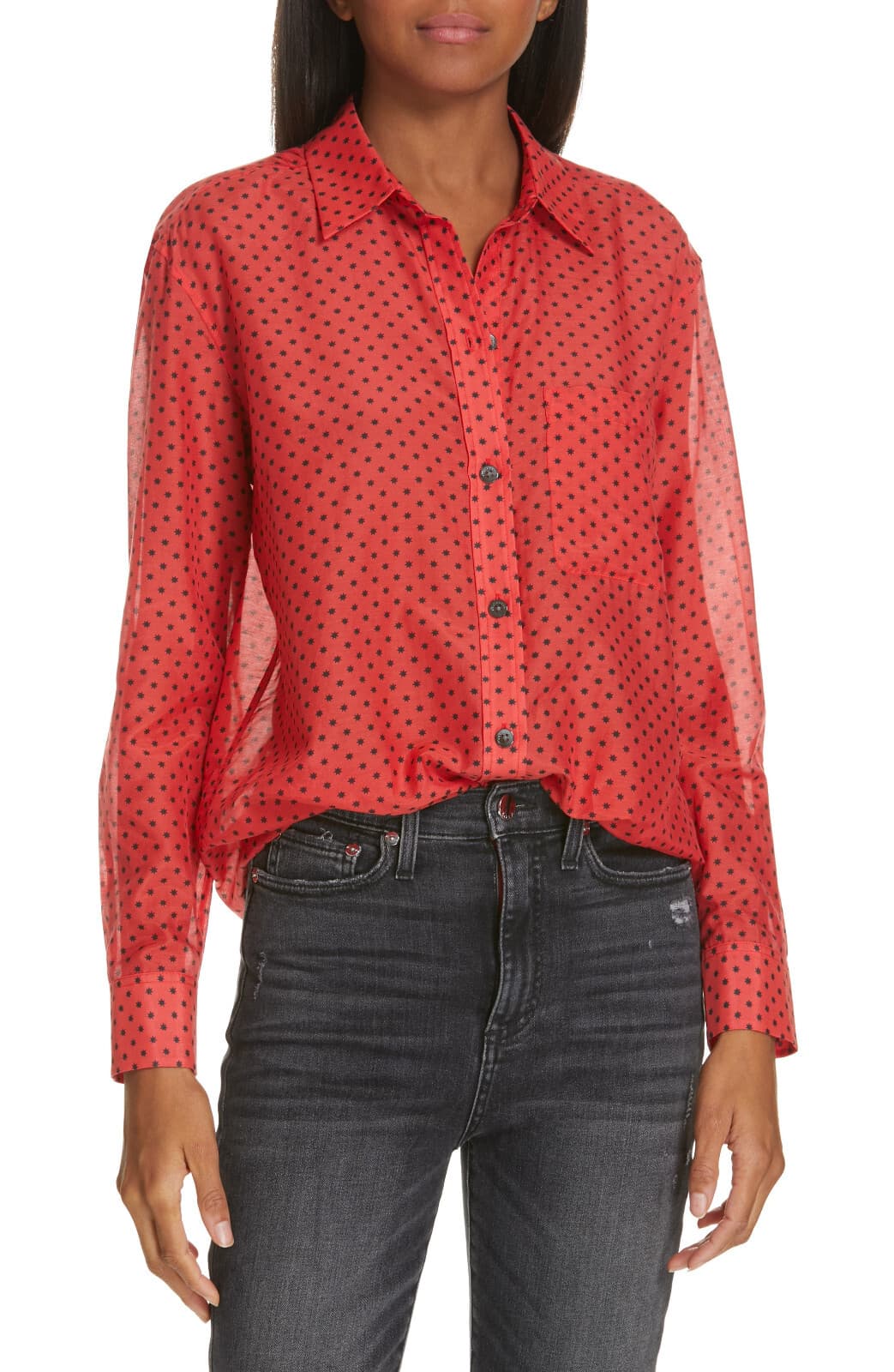 Equipment Daddy Star Silk Sheer Tunic Shirt Button-Up Long Sleeve Red Black Sz.S - Thumbnail 2