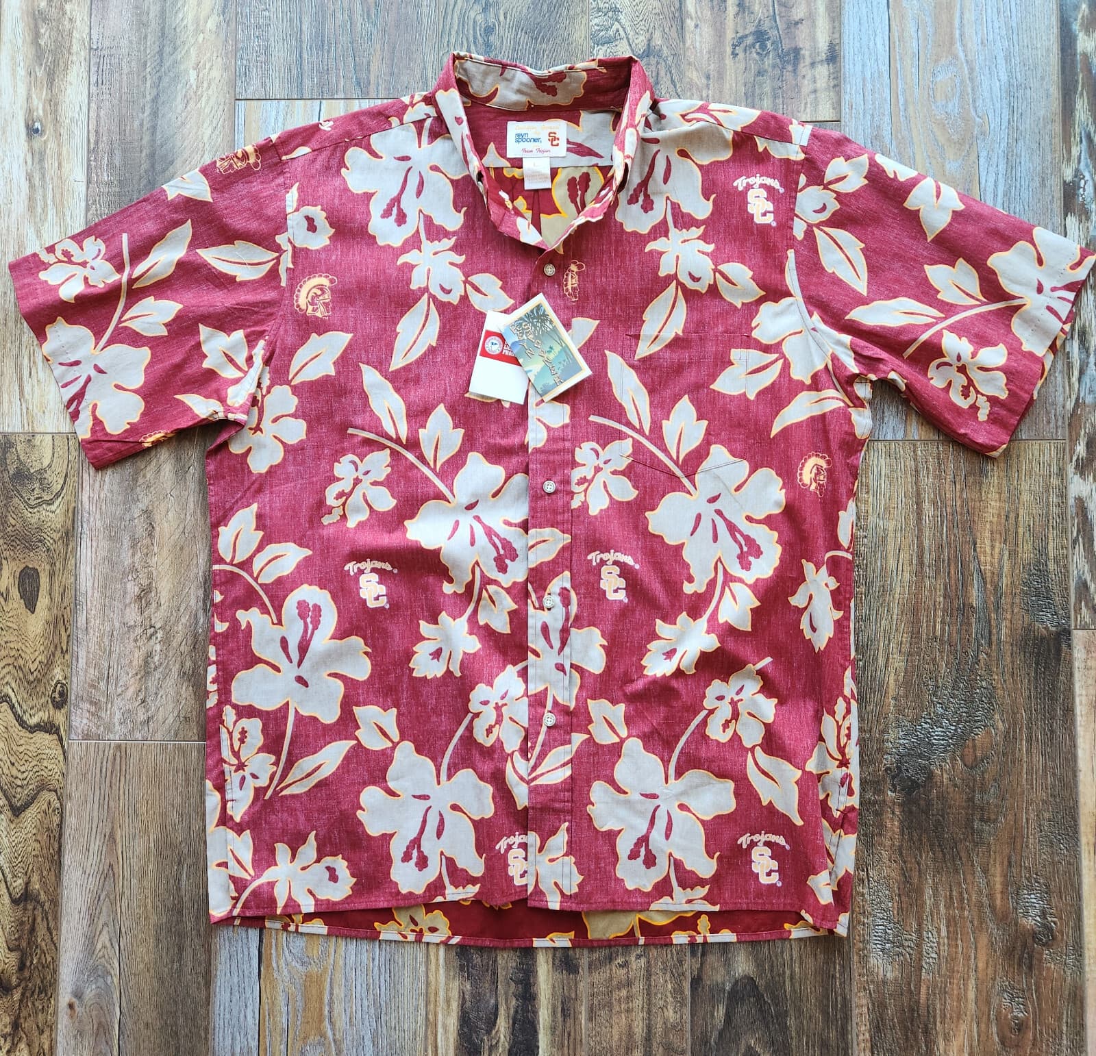NWT Reyn Spooner for USC Team Trojan Floral Hawaii Shirt Short Sleeve Red Mens L - Thumbnail 2
