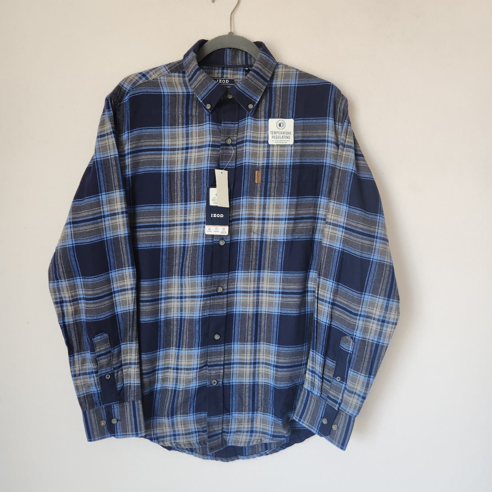 NWT IZOD Temperature Regulating Flannel Plaid Shirt Long Sleeve Blue Men's M - Thumbnail 2