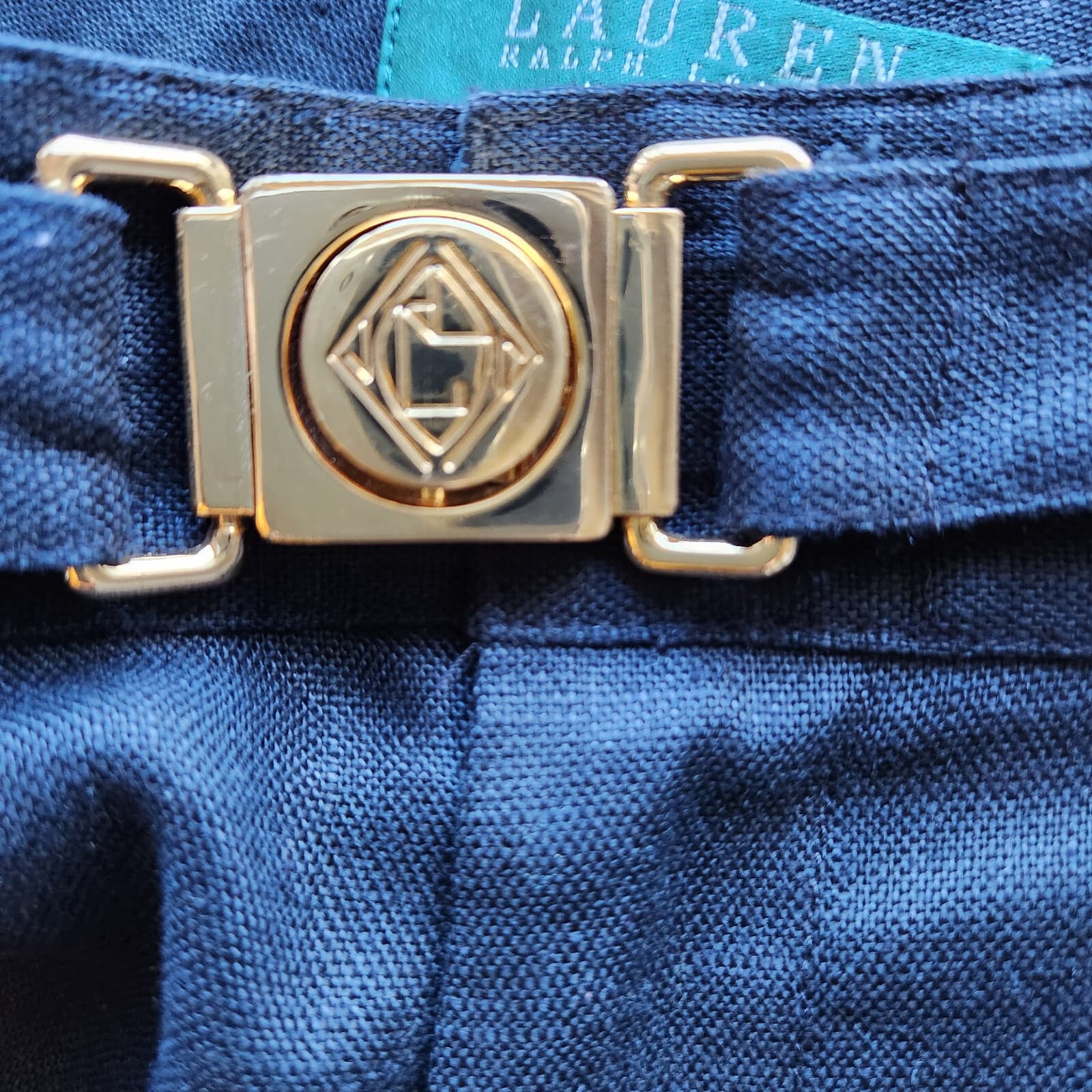 Lauren Ralph Lauren 100% Linen Straight Leg Pants Gold Buckle Zip Navy Women 14P - Thumbnail 4