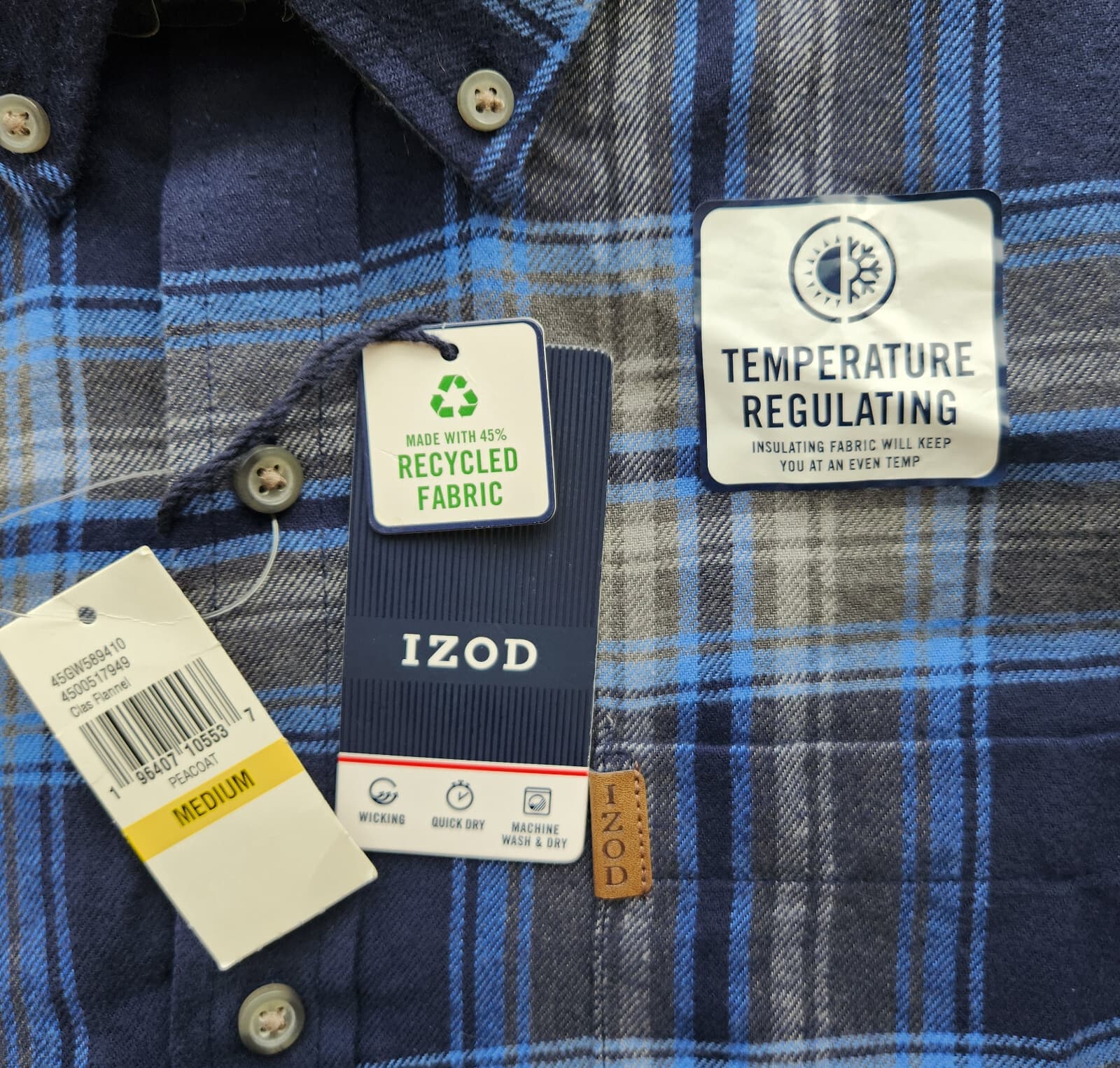 NWT IZOD Temperature Regulating Flannel Plaid Shirt Long Sleeve Blue Men's M - Thumbnail 4