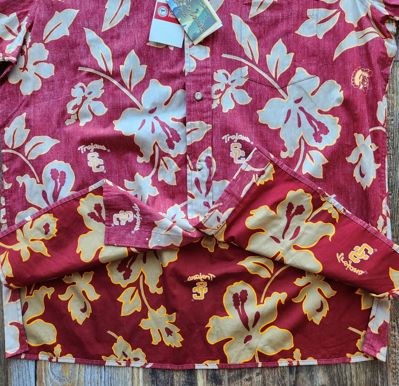 NWT Reyn Spooner for USC Team Trojan Floral Hawaii Shirt Short Sleeve Red Mens L - Thumbnail 7