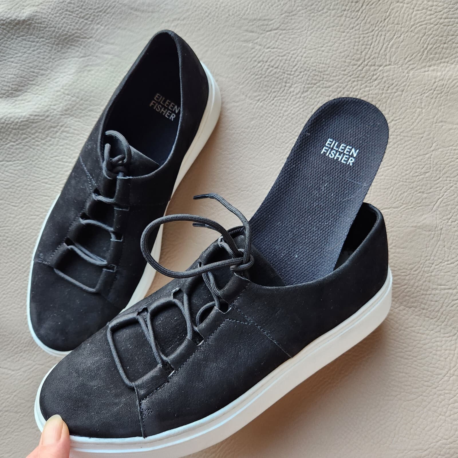Eileen Fisher Precot Nubuck Leather Platform Sneakers Lace-Up Black Women's US7 - Thumbnail 11