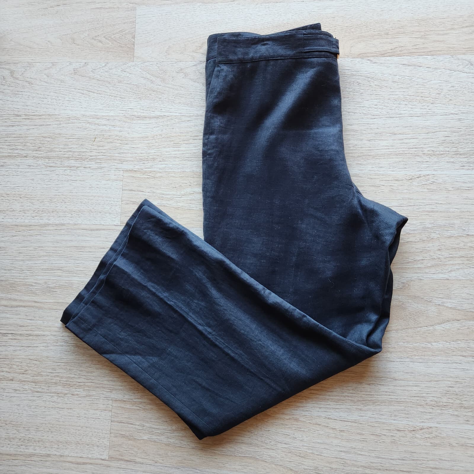 Lauren Ralph Lauren 100% Linen Straight Leg Pants Gold Buckle Zip Navy Women 14P - Thumbnail 2