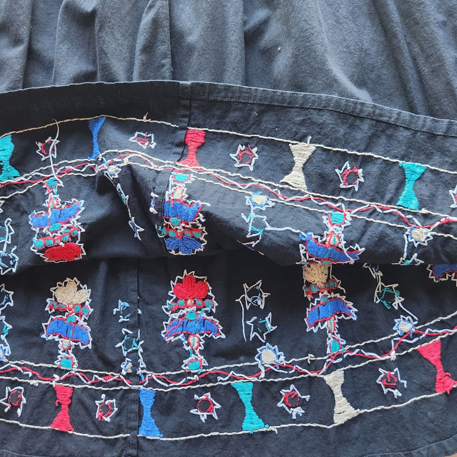 Vintage Raiment Fashions Embroidered A-Line Skirt Elastic Waist Pocket Black M - Thumbnail 7
