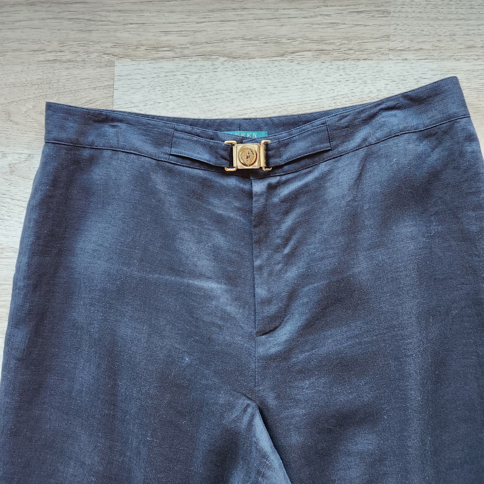 Lauren Ralph Lauren 100% Linen Straight Leg Pants Gold Buckle Zip Navy Women 14P - Thumbnail 3