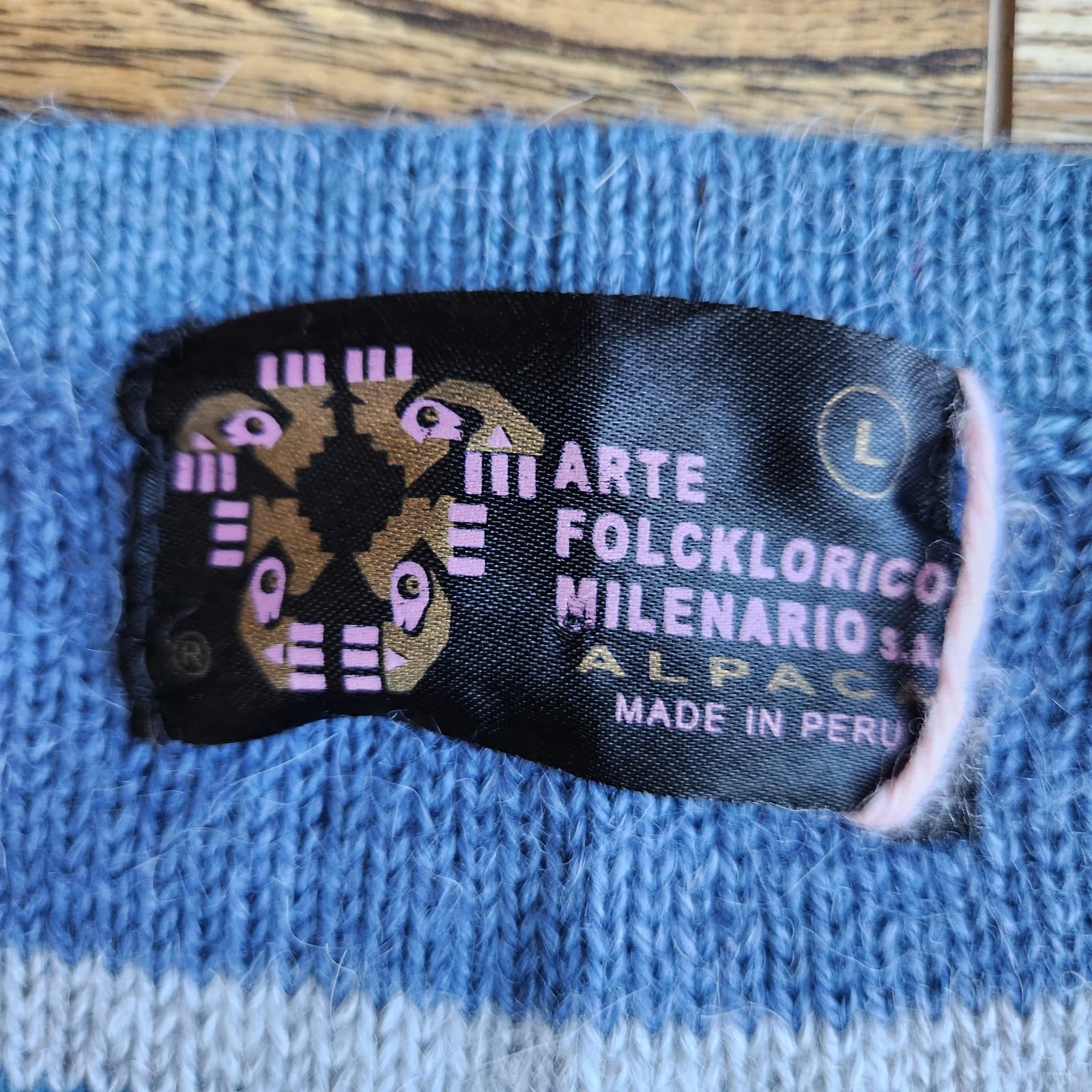 Arte Folcklorico Milenario Alpaca Peruvian Embroidered Sweater Vest Blue Sz.L - Thumbnail 7