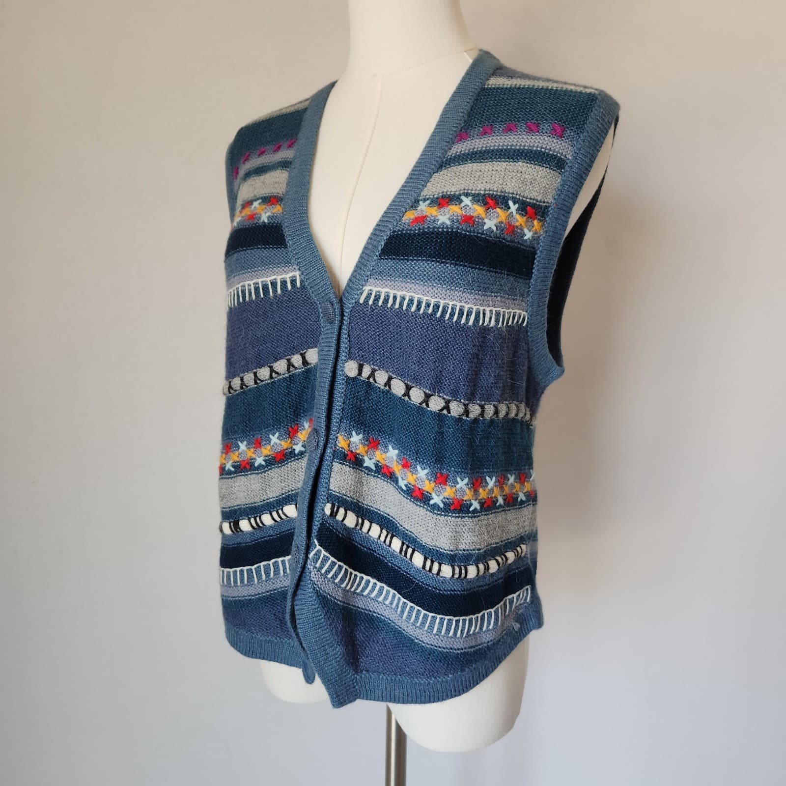 Arte Folcklorico Milenario Alpaca Peruvian Embroidered Sweater Vest Blue Sz.L - Thumbnail 2