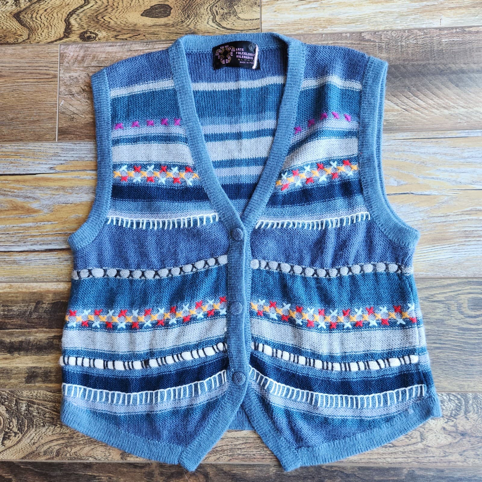 Arte Folcklorico Milenario Alpaca Peruvian Embroidered Sweater Vest Blue Sz.L - Thumbnail 3