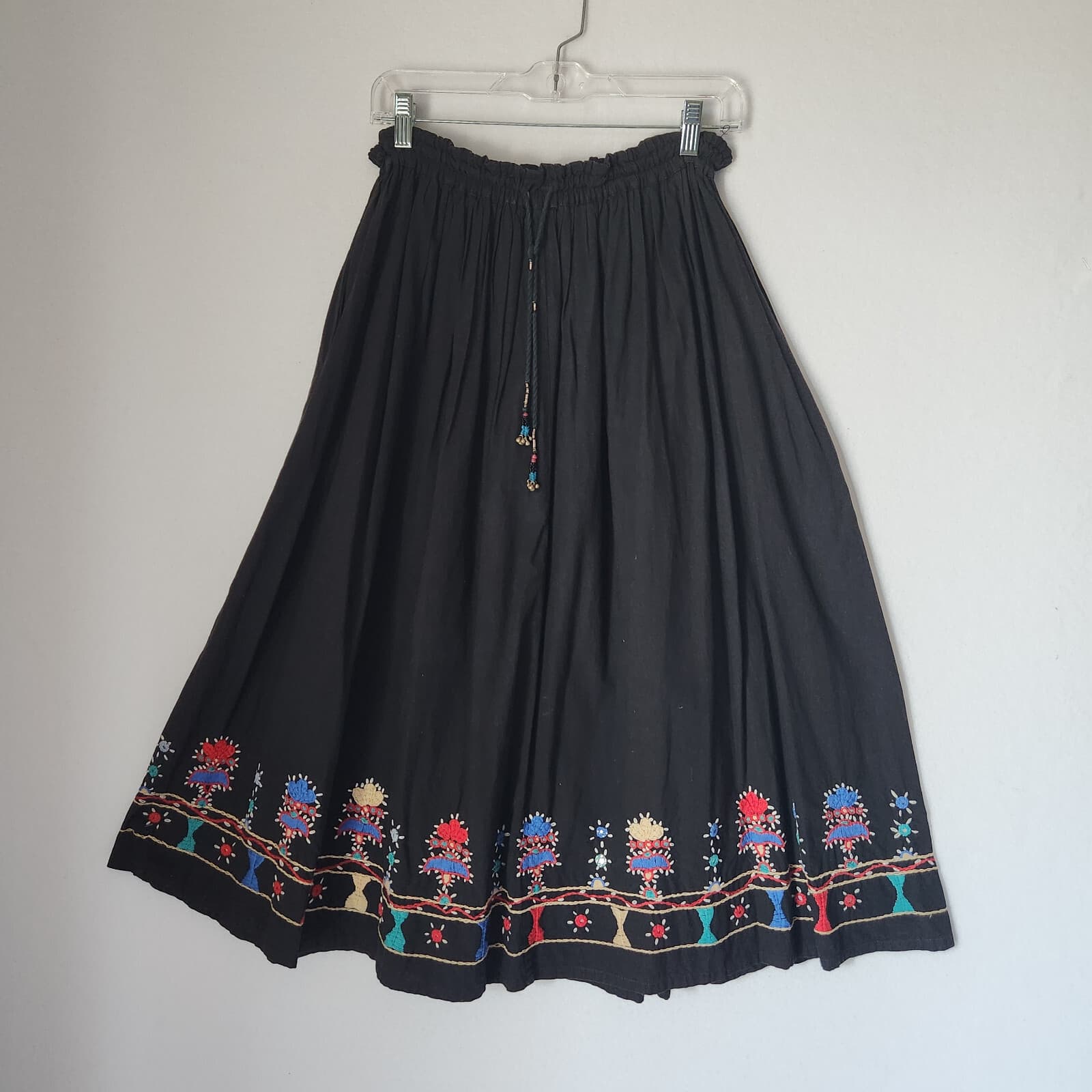 Vintage Raiment Fashions Embroidered A-Line Skirt Elastic Waist Pocket Black M - Thumbnail 2