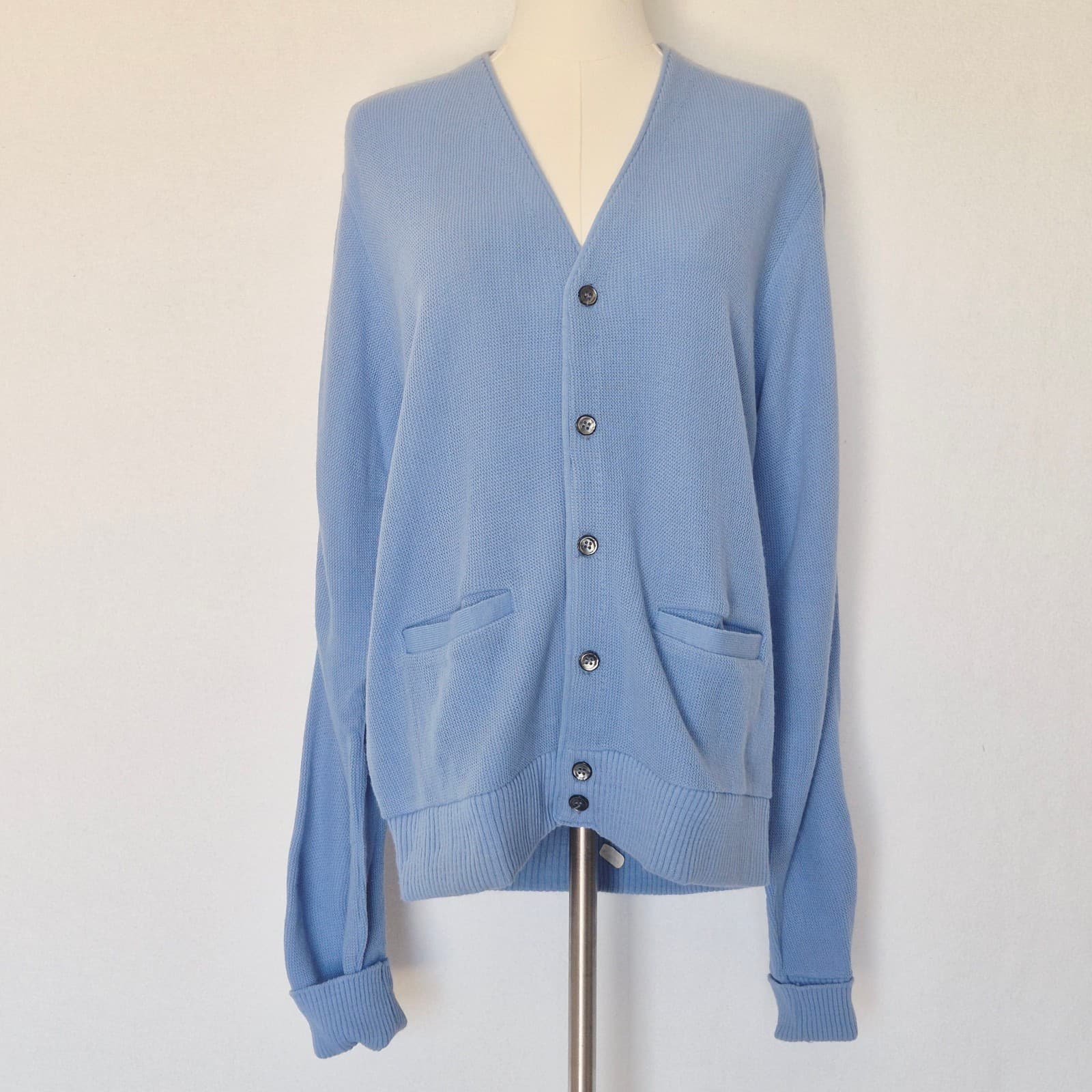 Vintage Royale-Air Made in USA Acrylic Grandpa Cardigan V-Neck Pocket Blue Sz.M - Thumbnail 2