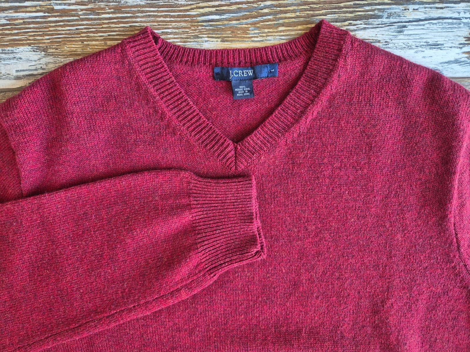 Vintage'90s J.Crew 100% Merino Wool V-Neck Pullover Sweater Red Men's Large - Thumbnail 2
