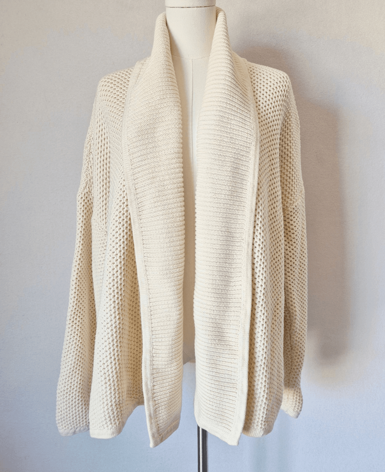 Haven Well Within 100% Cotton Chunky Grid Knit Shawl Open Cardigan Beige Sz.XL