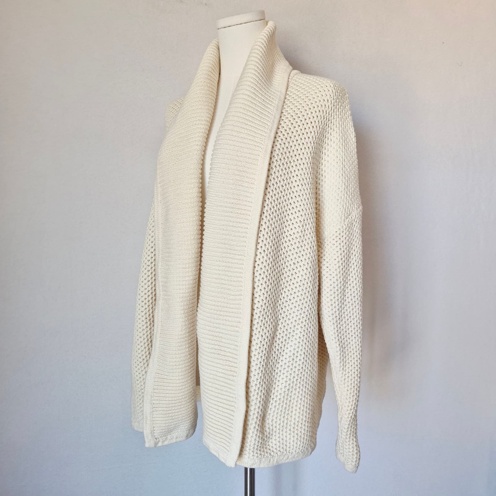 Haven Well Within 100% Cotton Chunky Grid Knit Shawl Open Cardigan Beige Sz.XL - Thumbnail 4