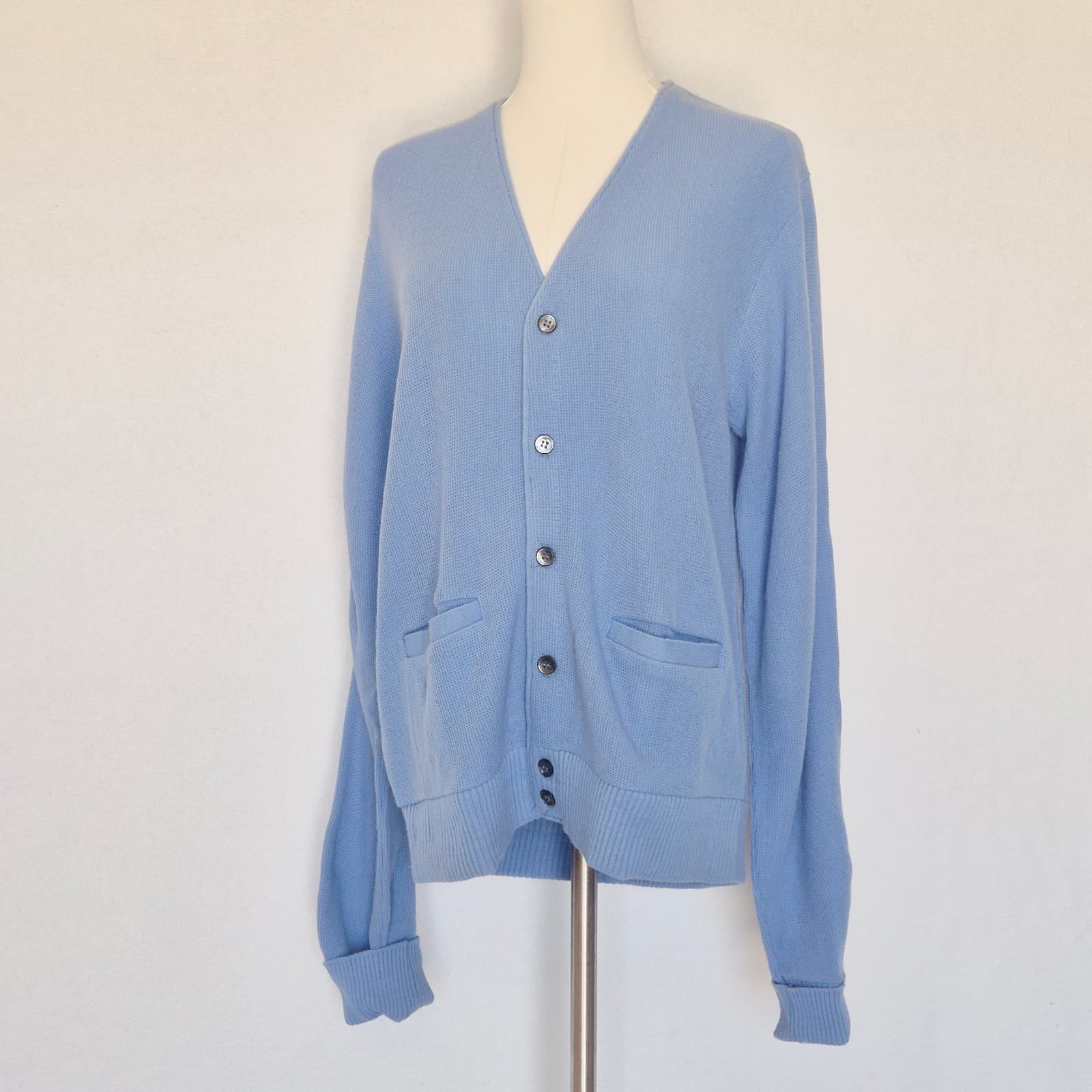 Vintage Royale-Air Made in USA Acrylic Grandpa Cardigan V-Neck Pocket Blue Sz.M - Thumbnail 3
