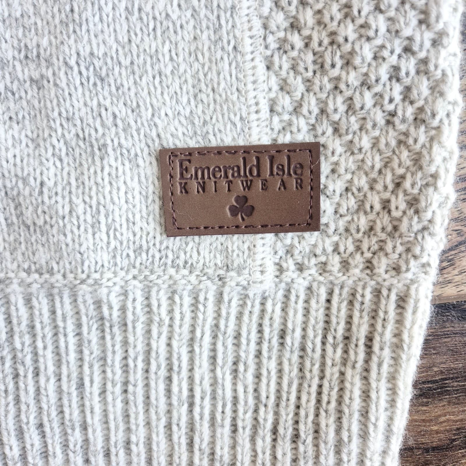 New Emerald Isle Knitwear Galway Fishermen Sweater Elbow-Patch Wool Blend Men XL - Thumbnail 8