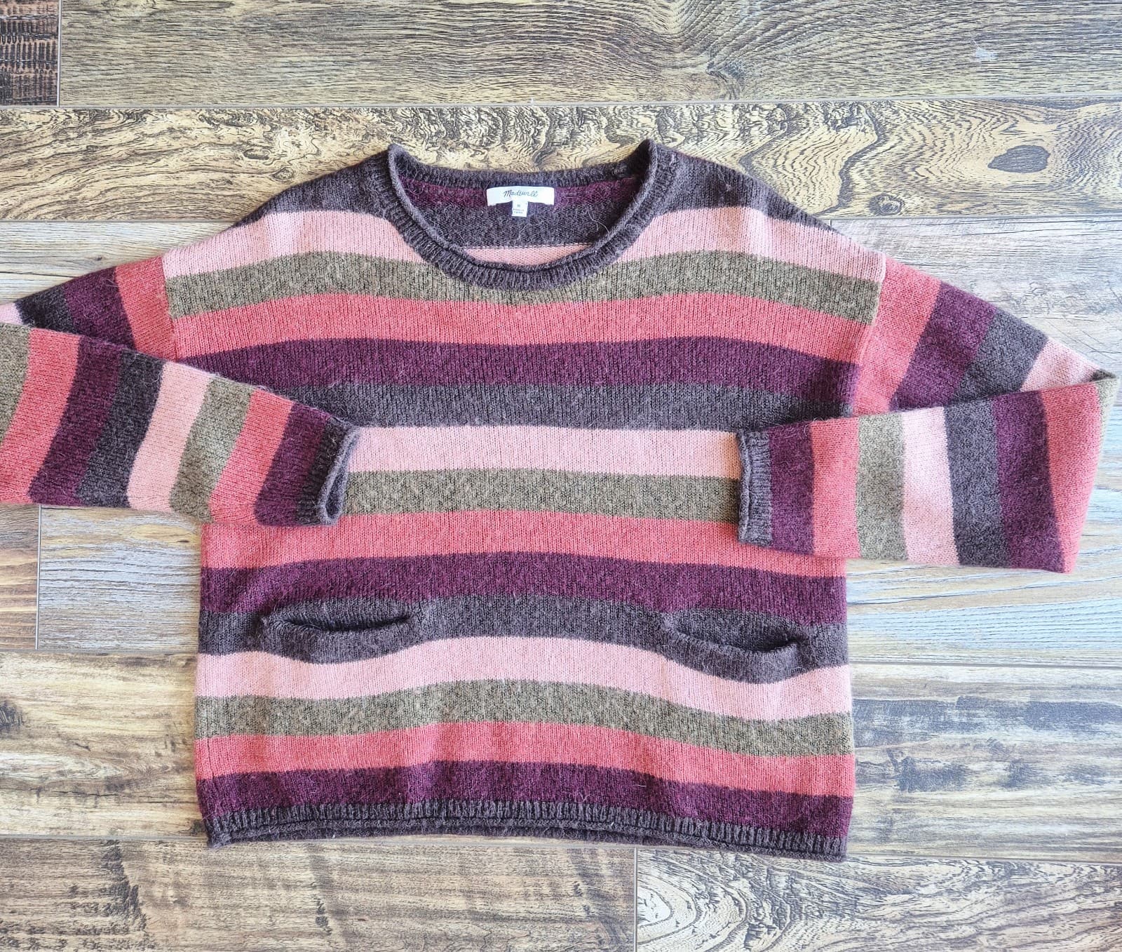Madewell Alpaca Blend Chelsea Pocket Sweater Multi-Stripe Sweet Dahlia Women's M - Thumbnail 6