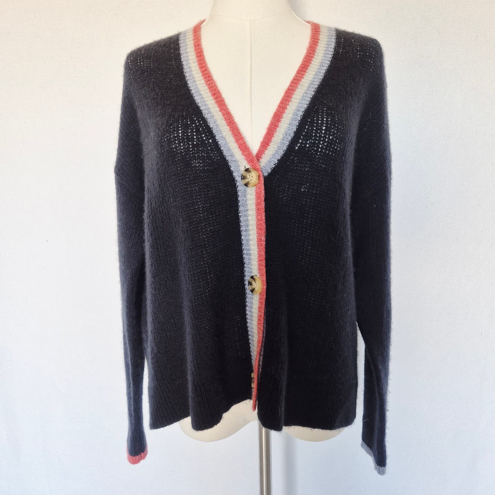 Sundry Wool Cashmere Contrast Stripe Cardigan V-Neck Button Navy Blue Womens 1/S - Thumbnail 3
