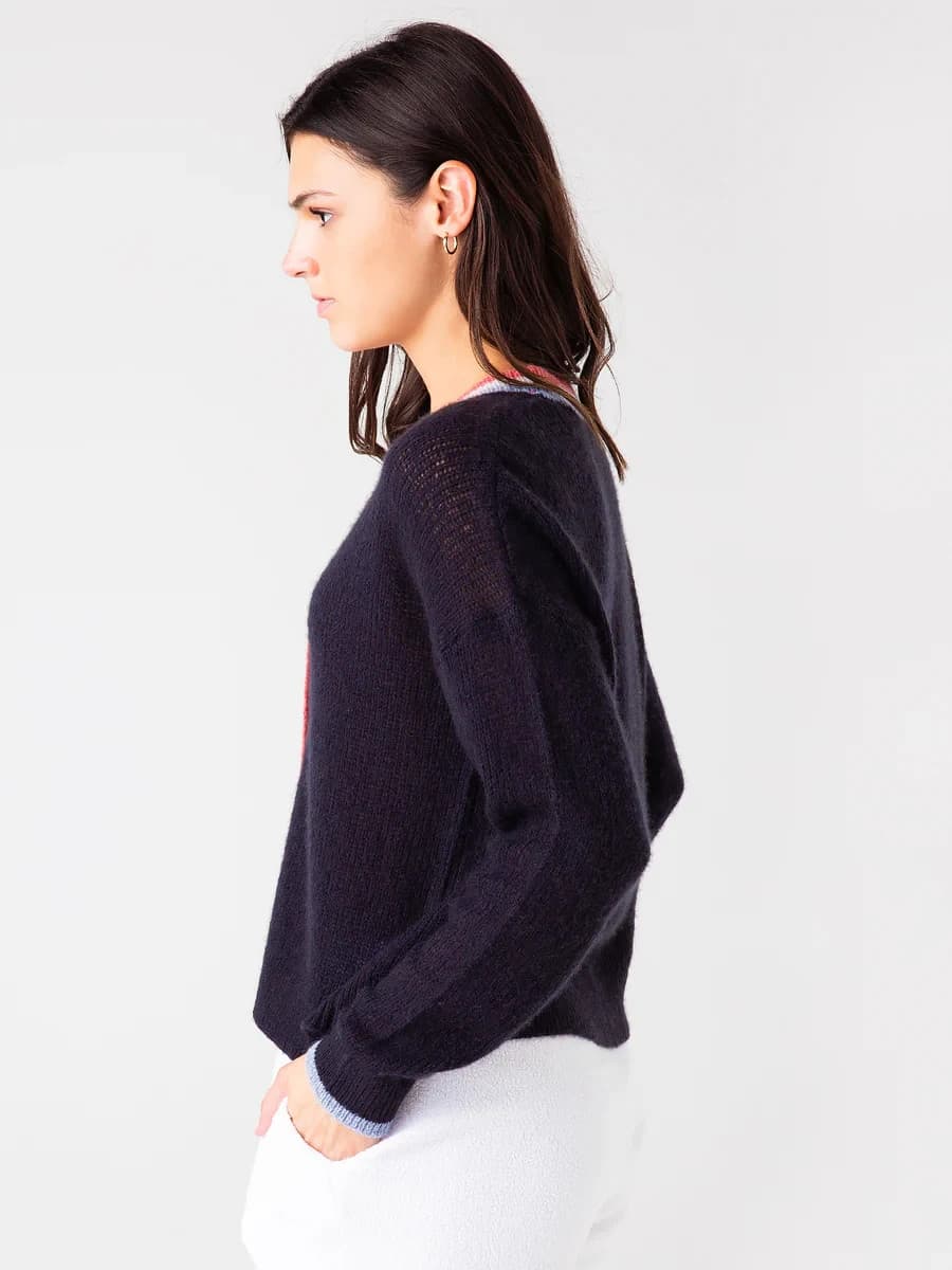 Sundry Wool Cashmere Contrast Stripe Cardigan V-Neck Button Navy Blue Womens 1/S - Thumbnail 4