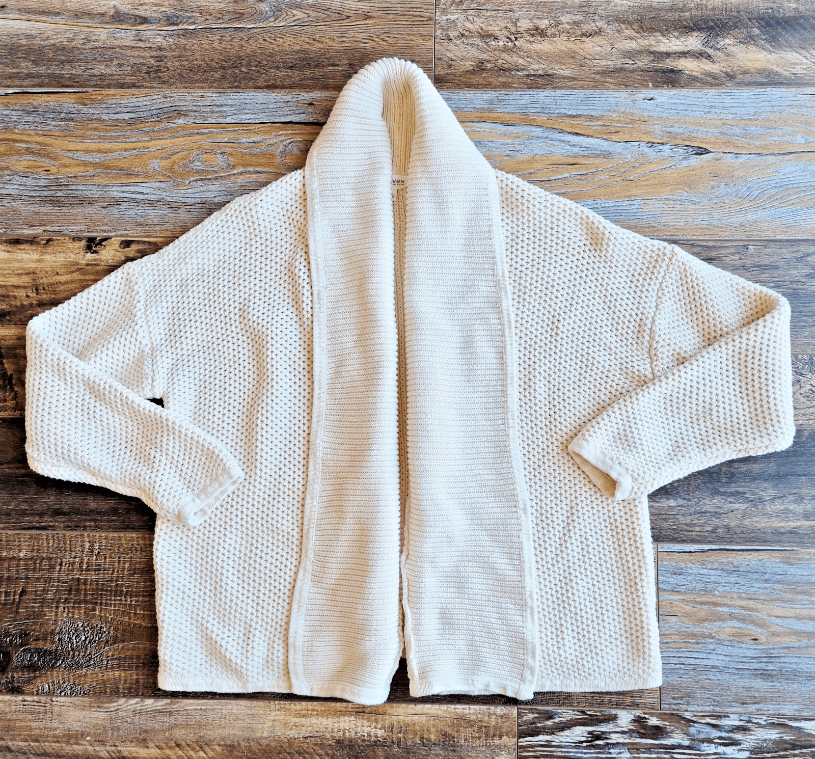 Haven Well Within 100% Cotton Chunky Grid Knit Shawl Open Cardigan Beige Sz.XL - Thumbnail 6