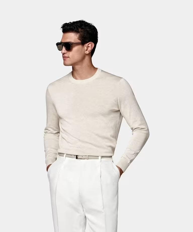 SUITSUPPLY Pure Merino Wool Crew Neck Sweater Pullover Slim Fit Cream Men's S - Thumbnail 2