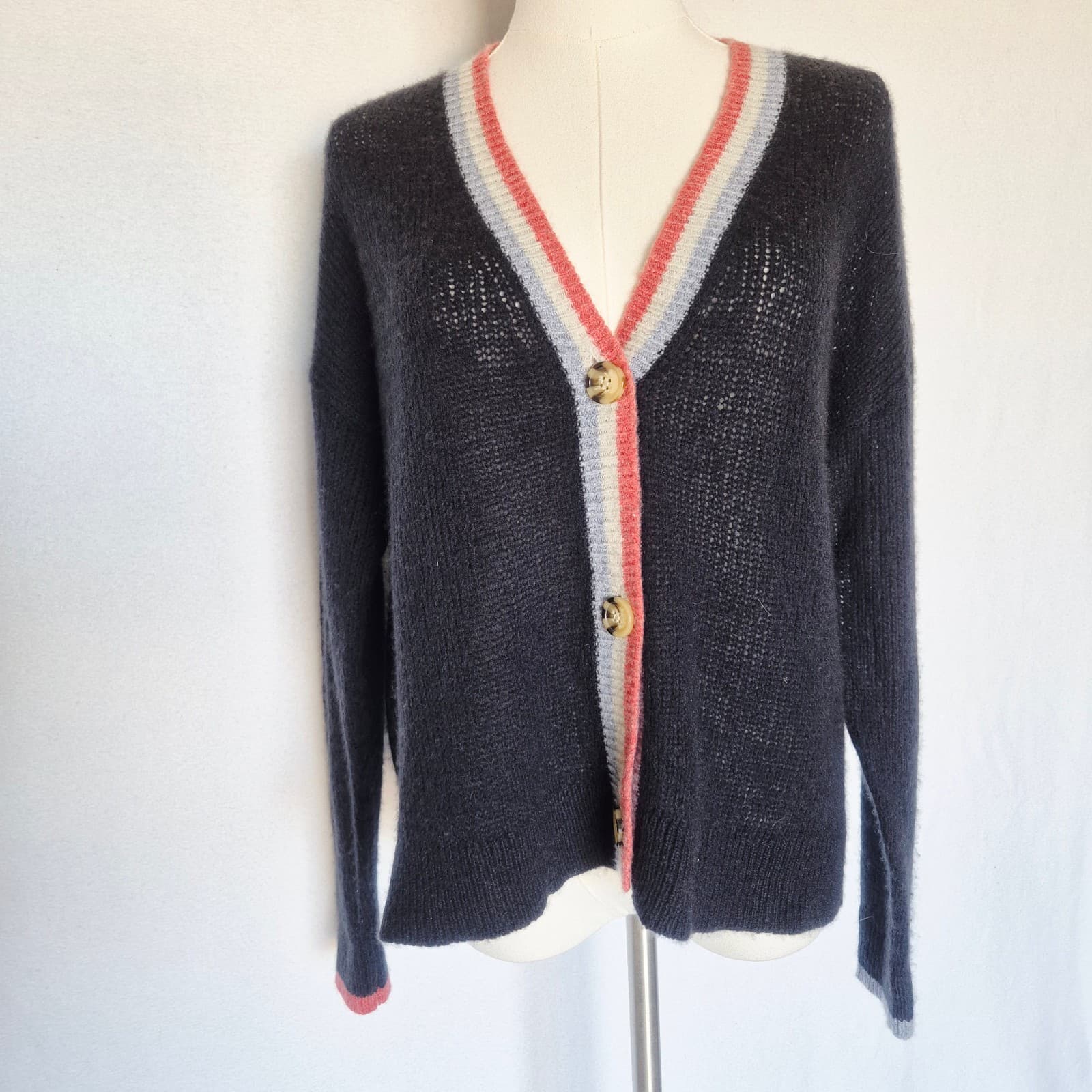 Sundry Wool Cashmere Contrast Stripe Cardigan V-Neck Button Navy Blue Womens 1/S - Thumbnail 6