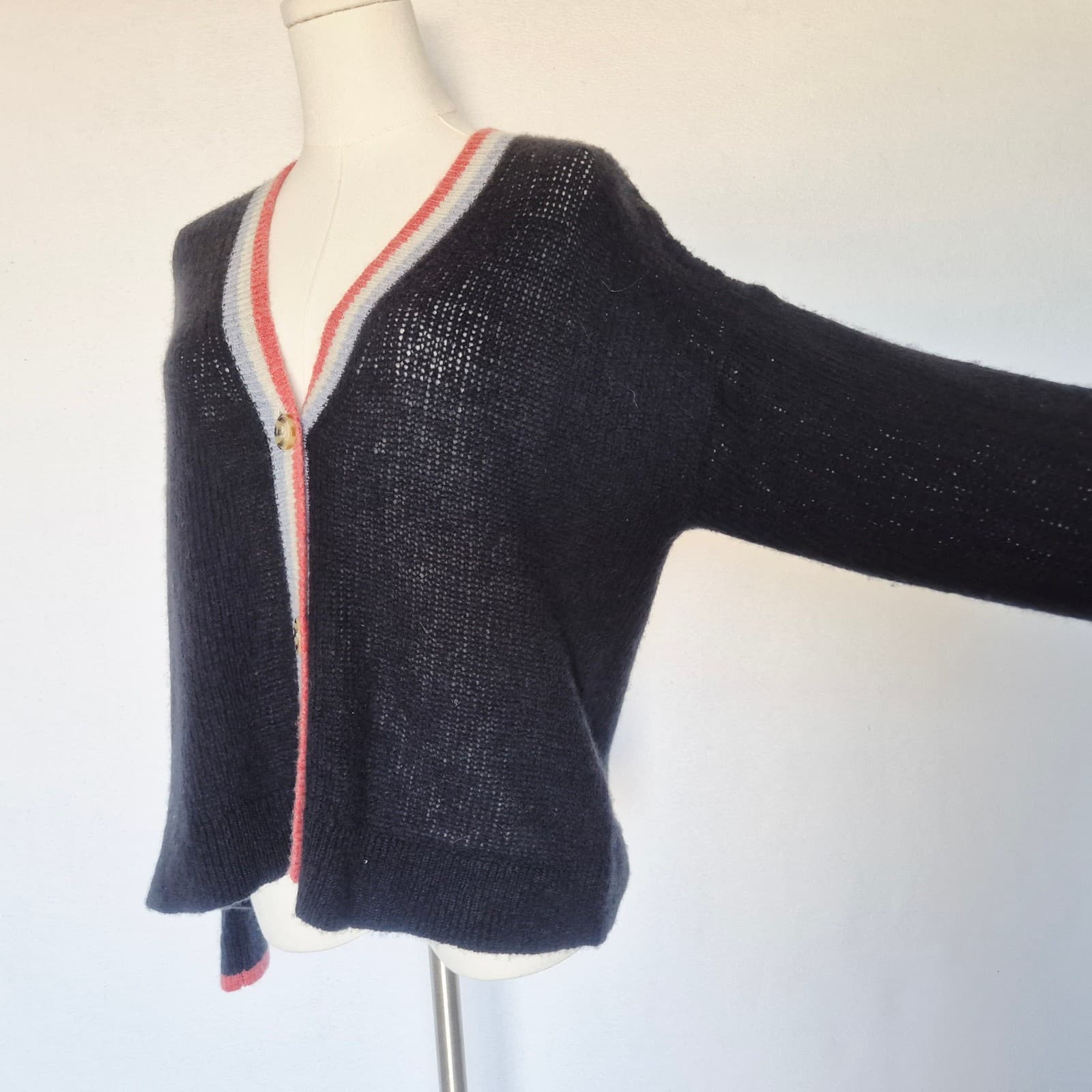 Sundry Wool Cashmere Contrast Stripe Cardigan V-Neck Button Navy Blue Womens 1/S - Thumbnail 7