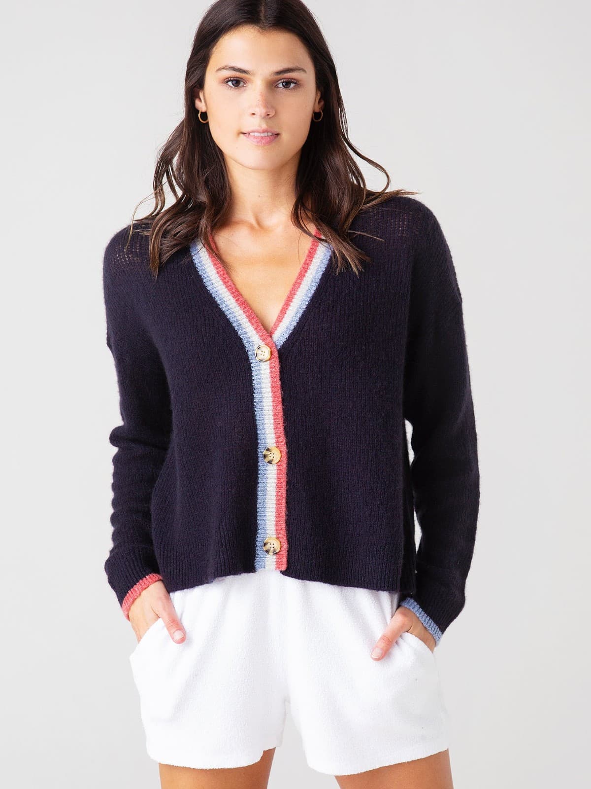 Sundry Wool Cashmere Contrast Stripe Cardigan V-Neck Button Navy Blue Womens 1/S - Thumbnail 2