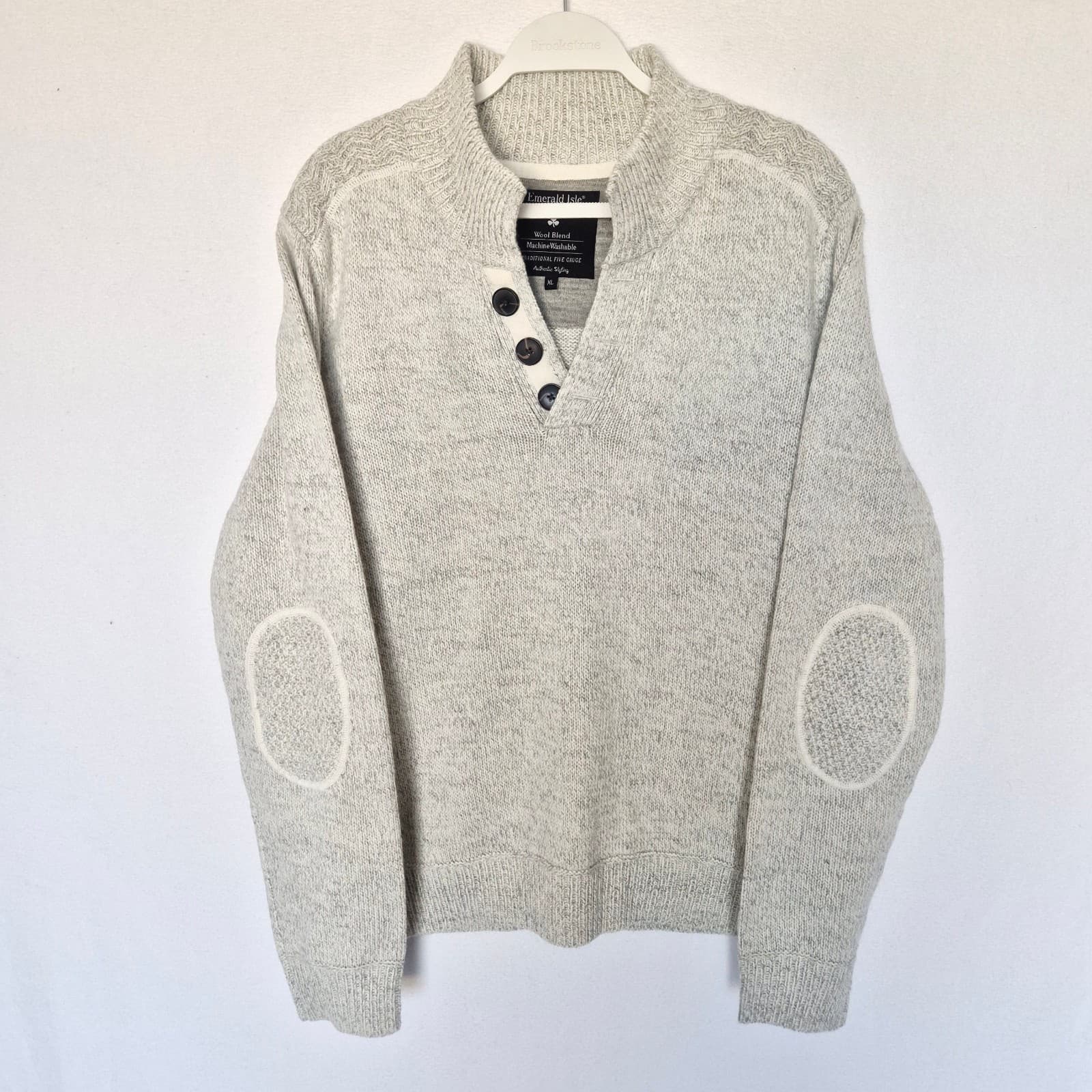 New Emerald Isle Knitwear Galway Fishermen Sweater Elbow-Patch Wool Blend Men XL - Thumbnail 3