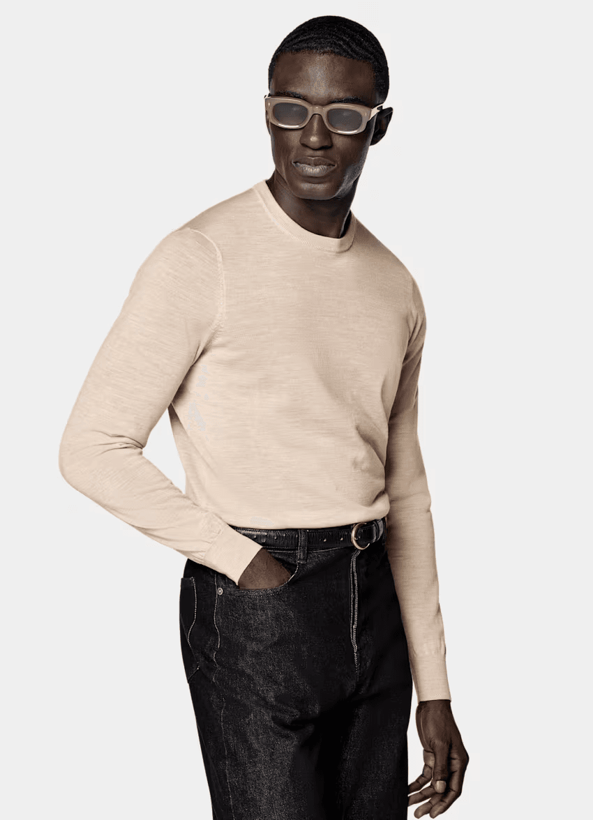 SUITSUPPLY Pure Merino Wool Crew Neck Sweater Pullover Slim Fit Cream Men's S - Thumbnail 6