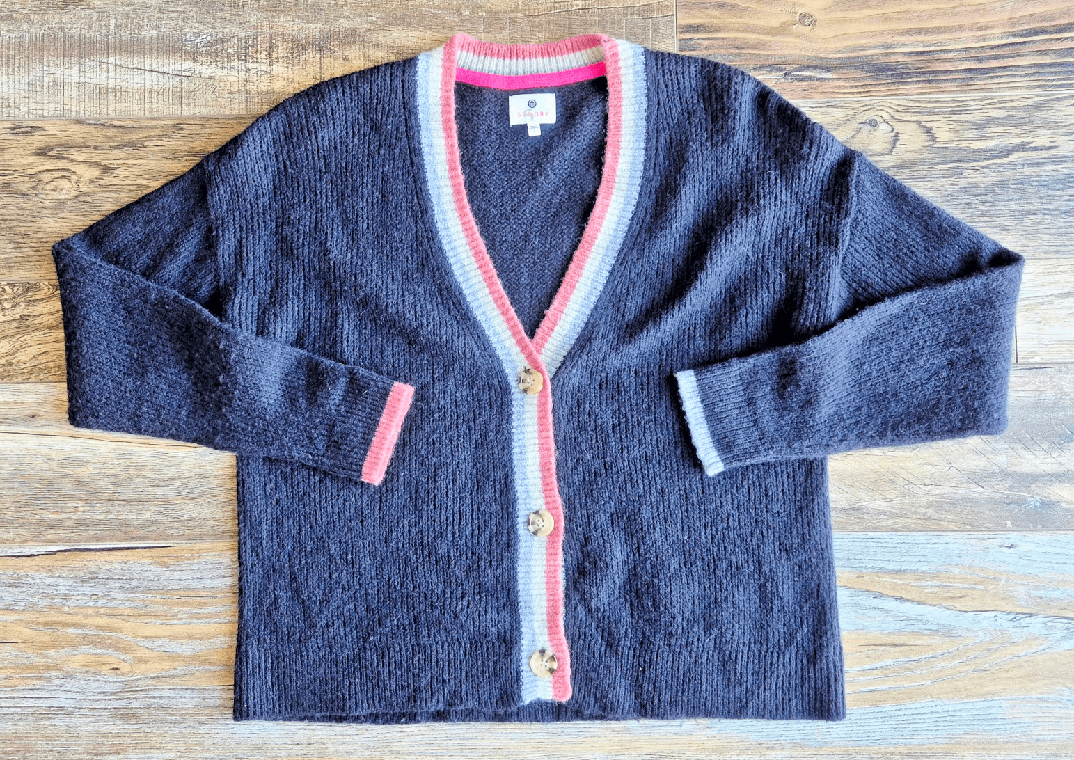 Sundry Wool Cashmere Contrast Stripe Cardigan V-Neck Button Navy Blue Womens 1/S