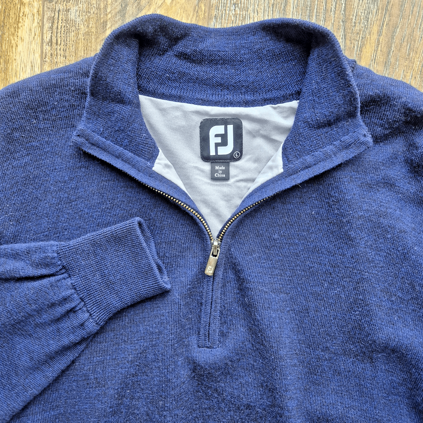 FootJoy Men's L Wool Quarter-Zip Lined Performance Windproof Sweater Navy Blue - Thumbnail 2