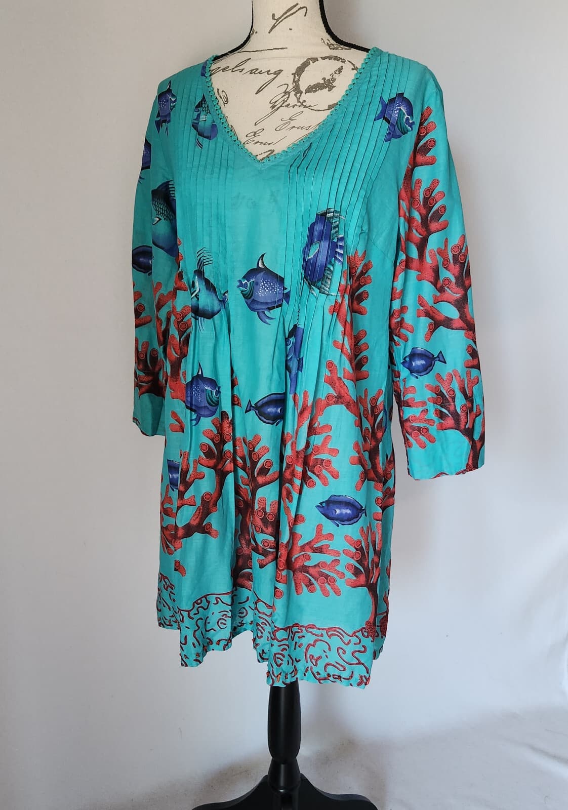 NWoT Soft Surroundings Seychelles Coral-Bead Fish Coral Cover-Up Top Green Sz.S - Thumbnail 3