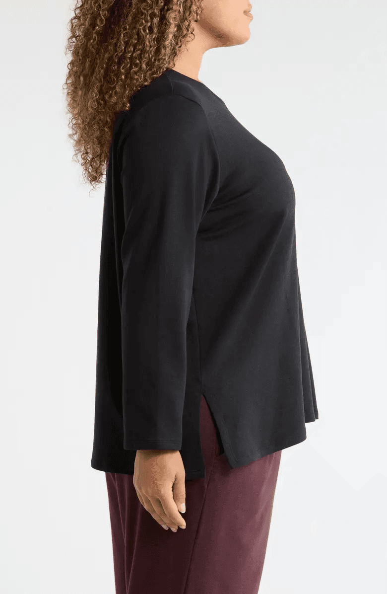 EILEEN FISHER French Terry Tunic Long Sleeve Top Black Tencel Blend One Size - Thumbnail 5