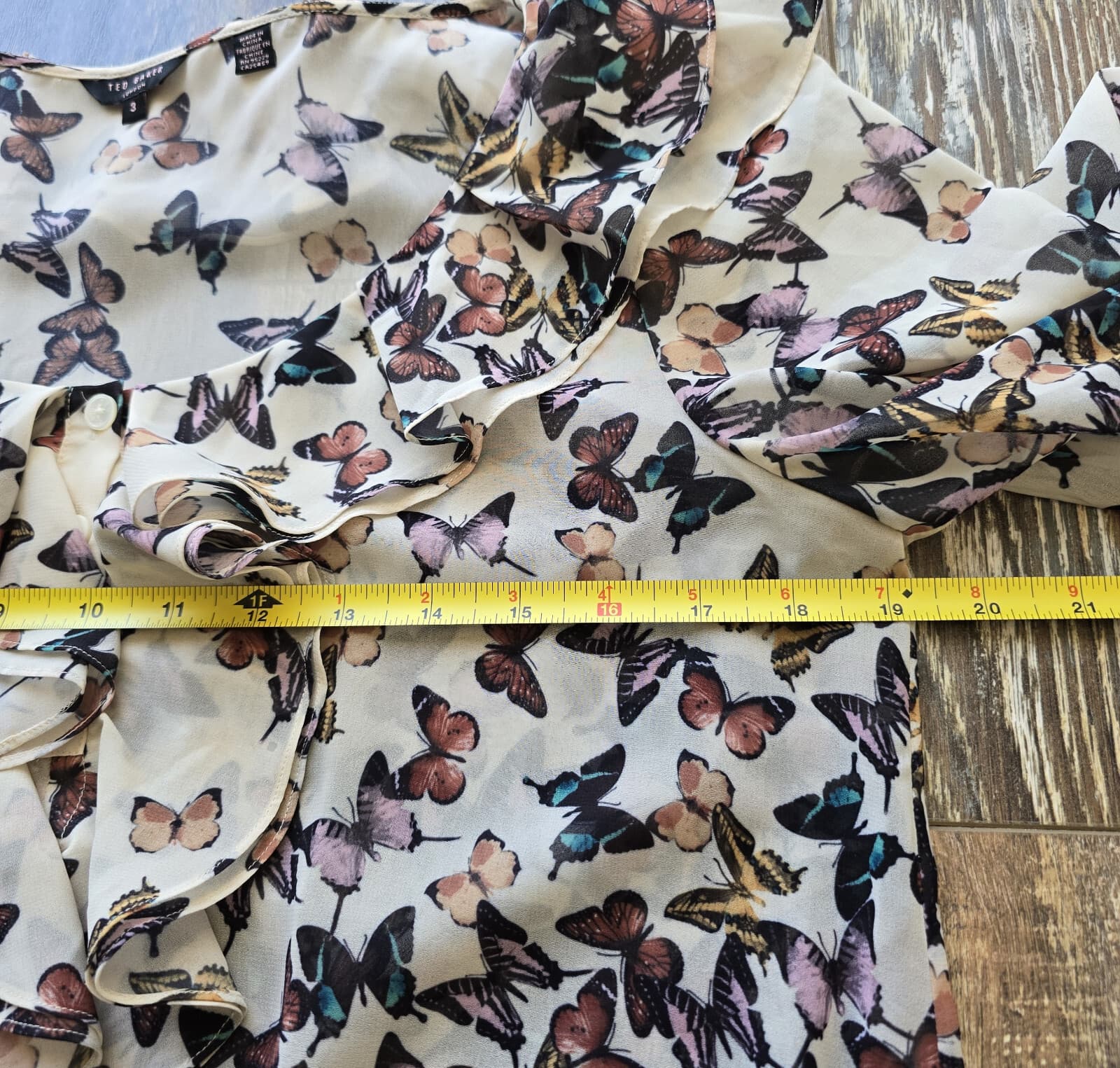 Ted Baker London Butterfly Printed Ruffle Sheer Chiffon Blouse Cream Sz.3 (8) - Thumbnail 12