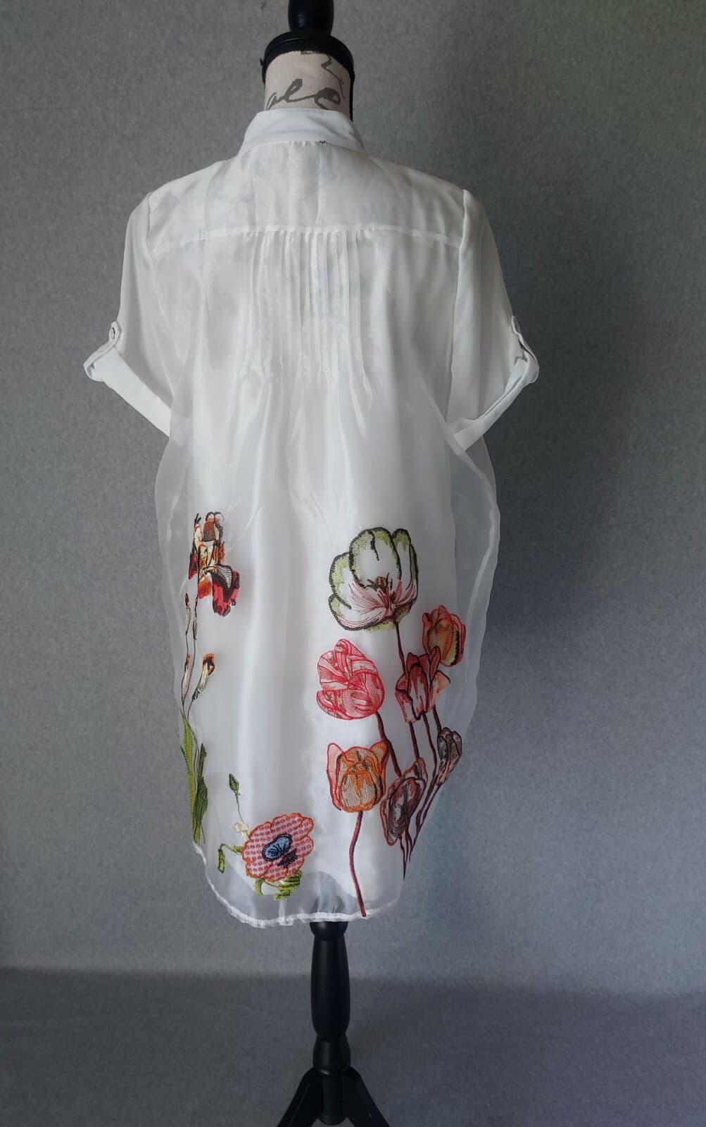 NWoT Lady Ribbon Embroidered Floral Shirt Mini Dress Button White Chest 40 (S/M) - Thumbnail 8