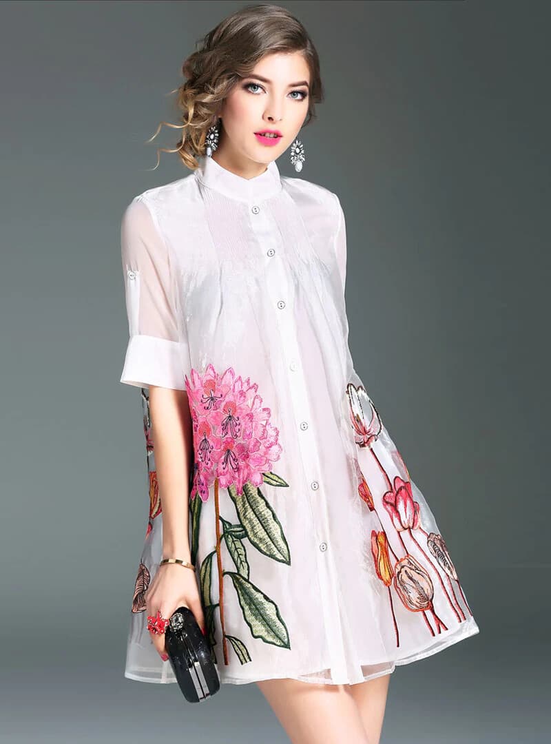 NWoT Lady Ribbon Embroidered Floral Shirt Mini Dress Button White Chest 40 (S/M) - Thumbnail 2