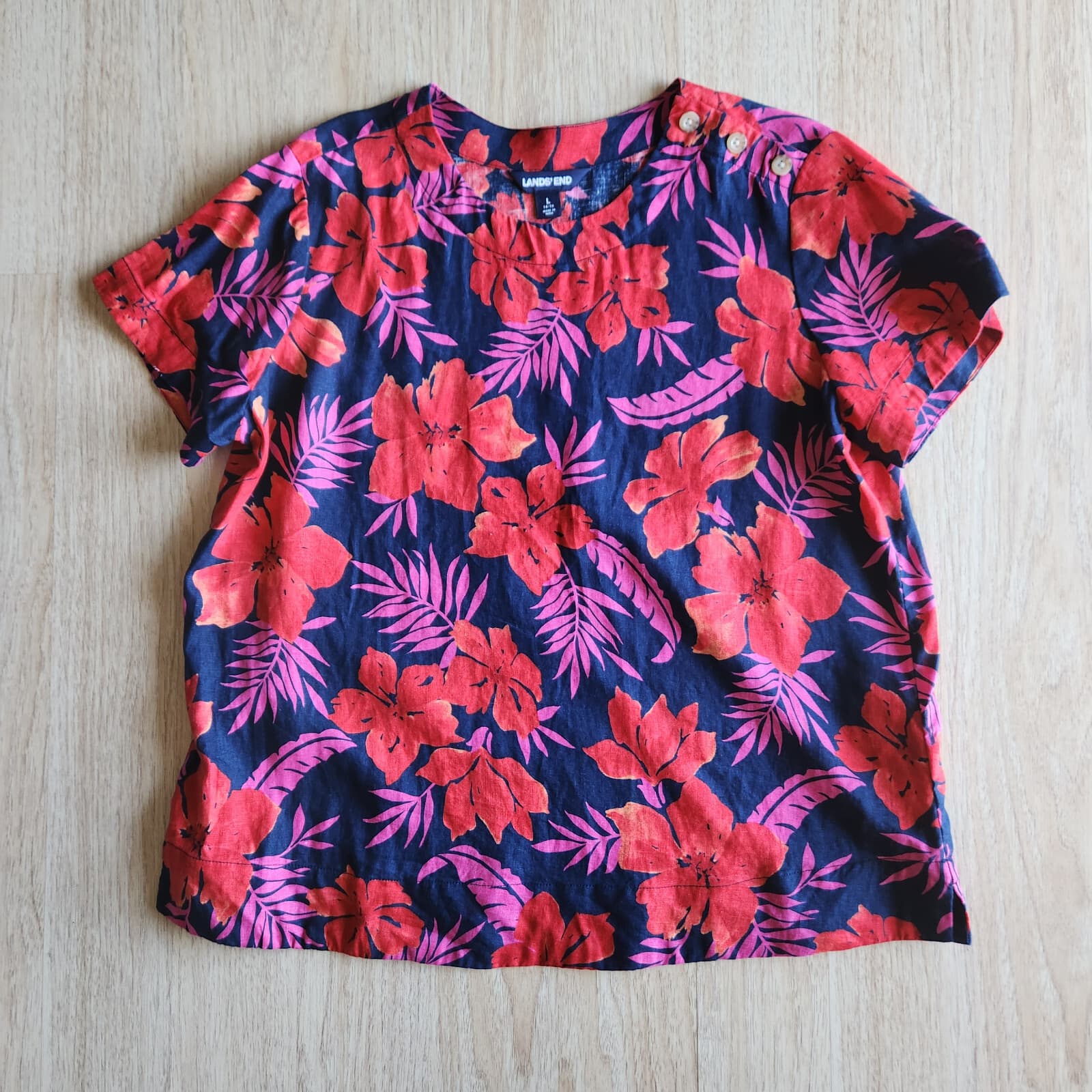 EUC Lands' End 100% Linen Floral Summer Blouse Short Sleeve Pink Blue Women's L - Thumbnail 5