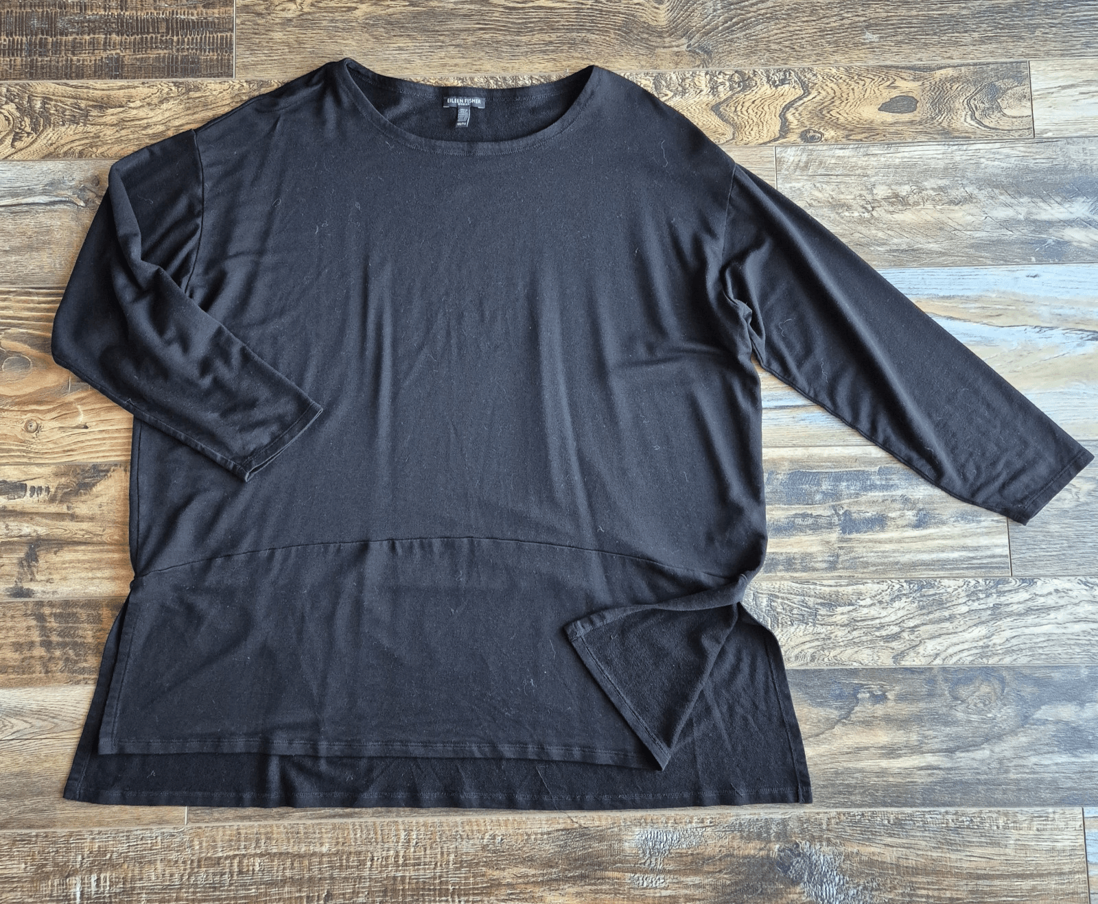 EILEEN FISHER French Terry Tunic Long Sleeve Top Black Tencel Blend One Size