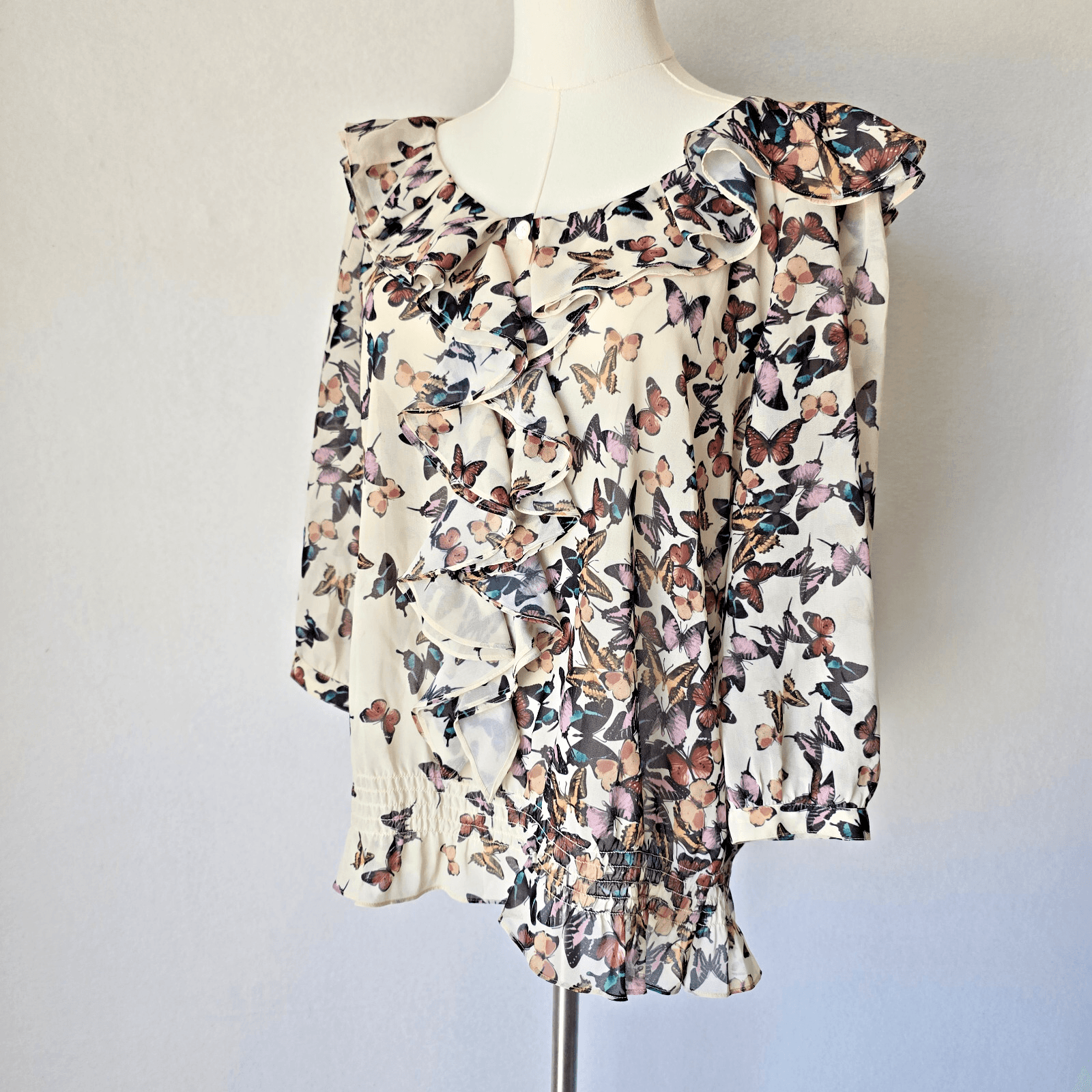 Ted Baker London Butterfly Printed Ruffle Sheer Chiffon Blouse Cream Sz.3 (8) - Thumbnail 2