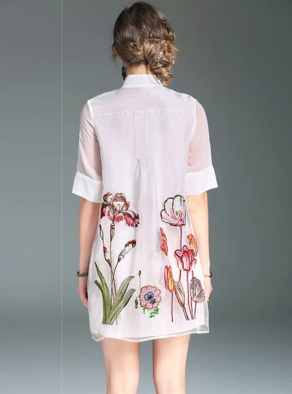 NWoT Lady Ribbon Embroidered Floral Shirt Mini Dress Button White Chest 40 (S/M) - Thumbnail 5