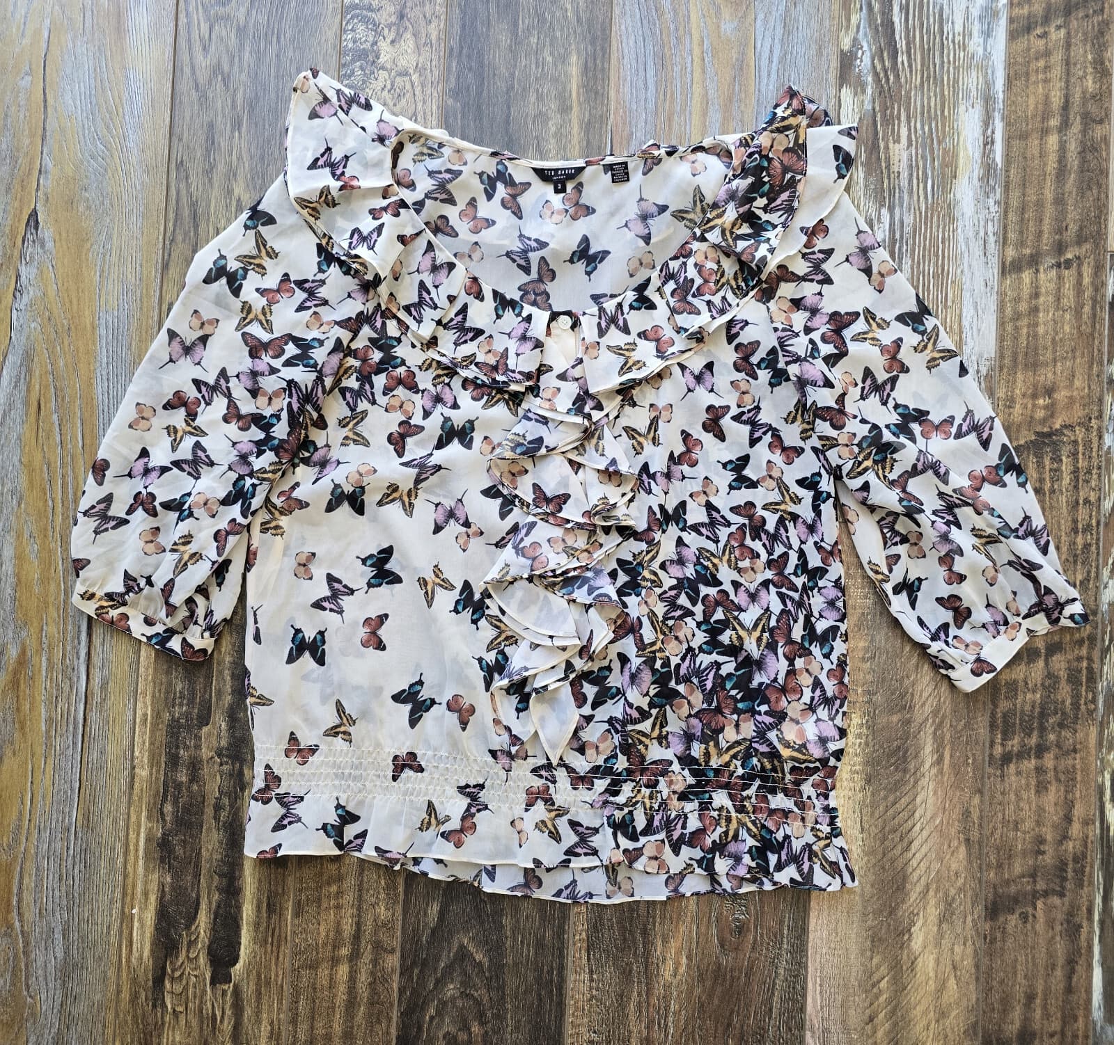 Ted Baker London Butterfly Printed Ruffle Sheer Chiffon Blouse Cream Sz.3 (8) - Thumbnail 7