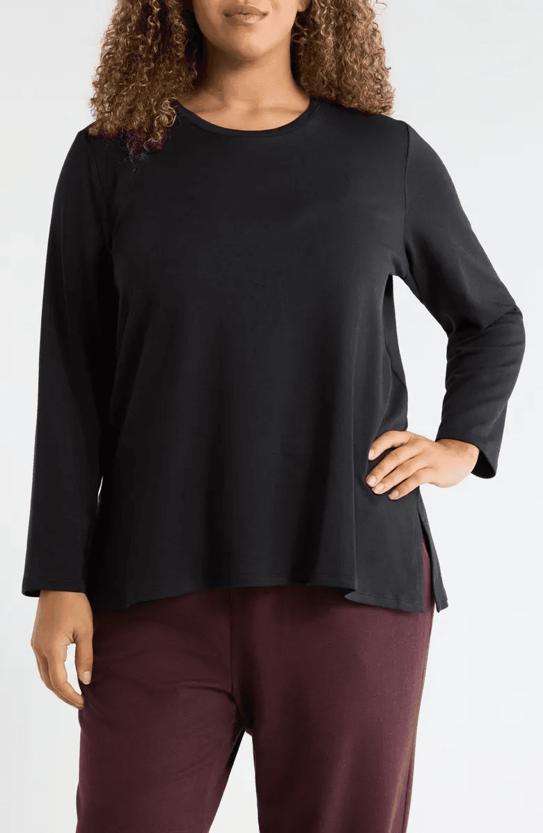 EILEEN FISHER French Terry Tunic Long Sleeve Top Black Tencel Blend One Size - Thumbnail 2