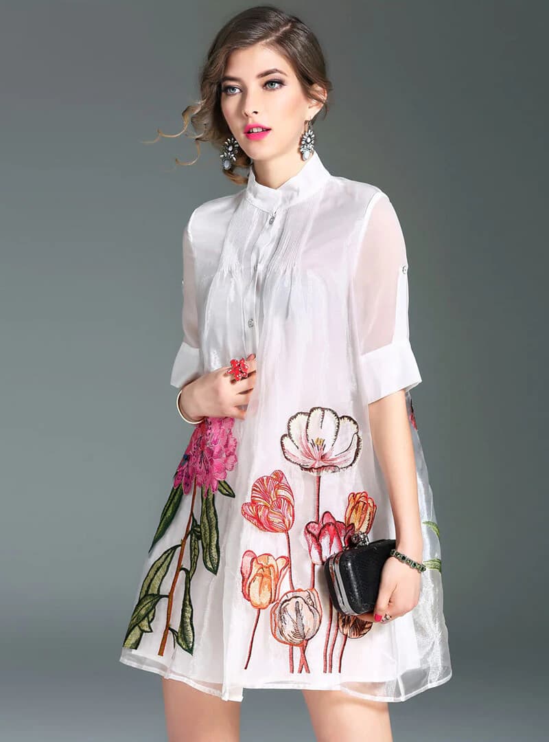 NWoT Lady Ribbon Embroidered Floral Shirt Mini Dress Button White Chest 40 (S/M) - Thumbnail 4