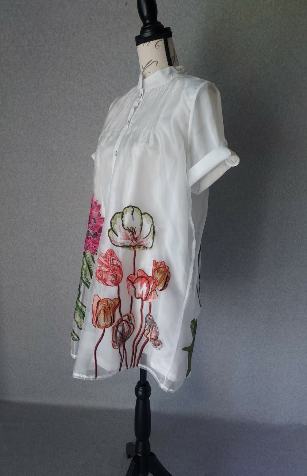 NWoT Lady Ribbon Embroidered Floral Shirt Mini Dress Button White Chest 40 (S/M) - Thumbnail 7