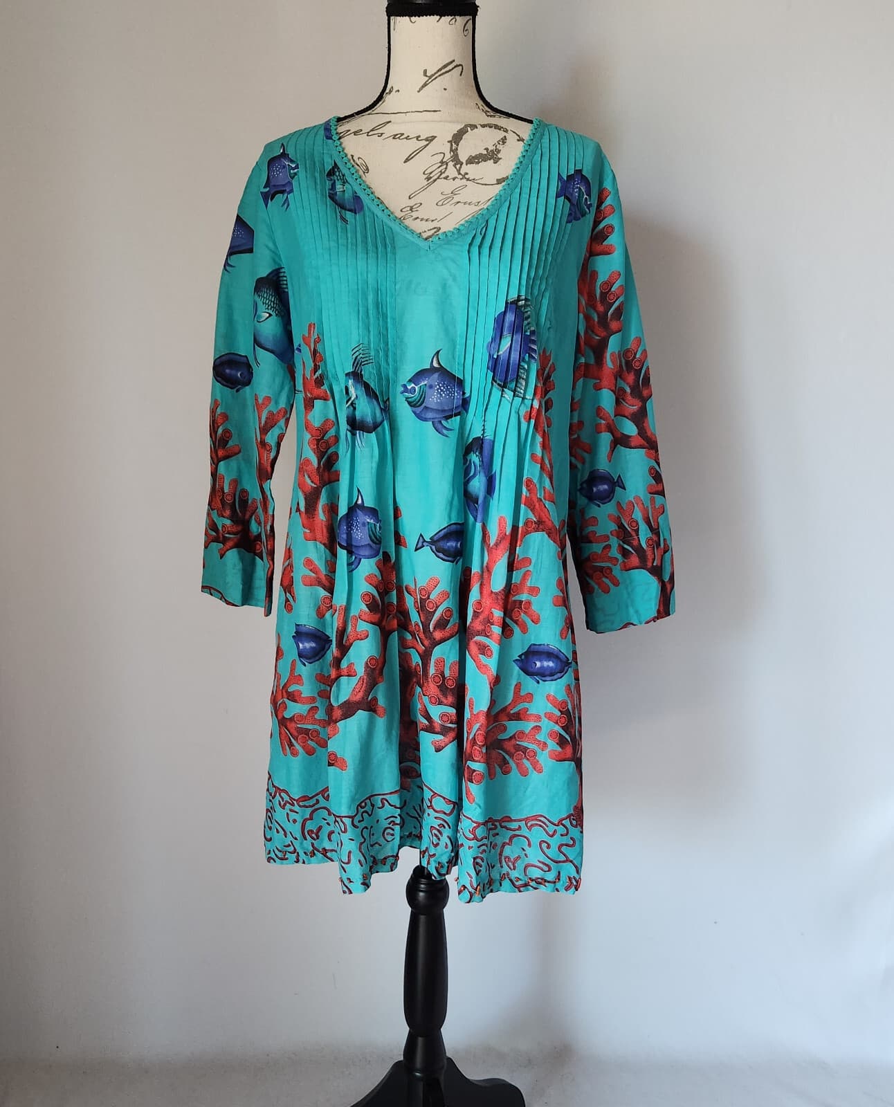 NWoT Soft Surroundings Seychelles Coral-Bead Fish Coral Cover-Up Top Green Sz.S - Thumbnail 2