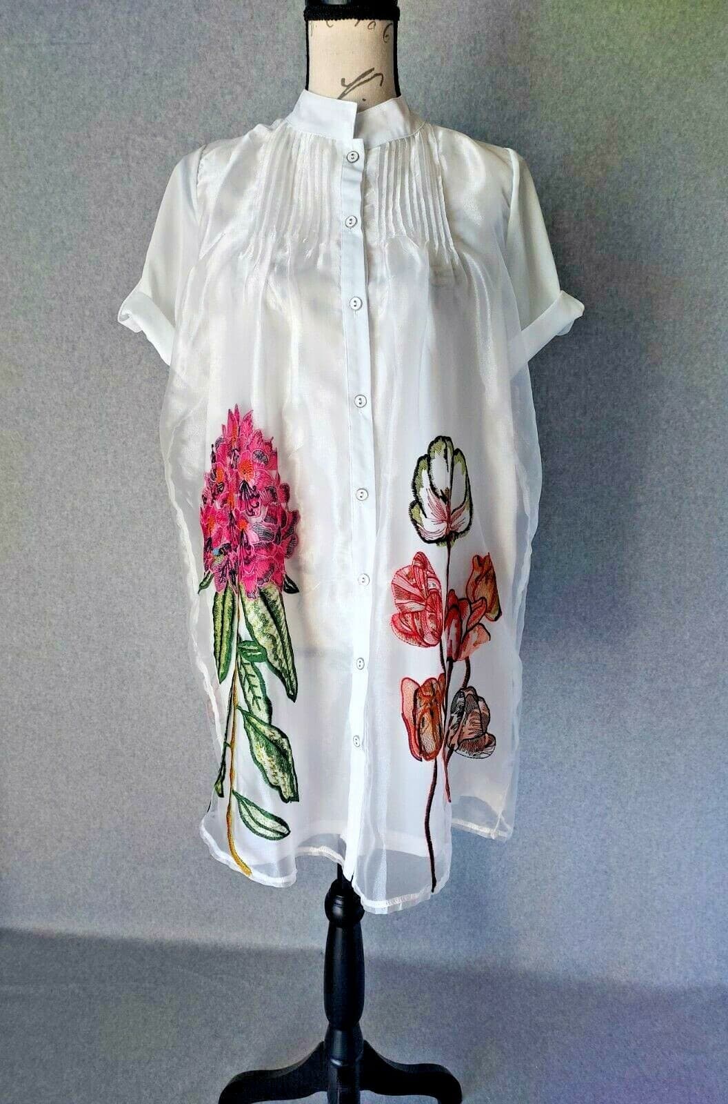 NWoT Lady Ribbon Embroidered Floral Shirt Mini Dress Button White Chest 40 (S/M) - Thumbnail 3
