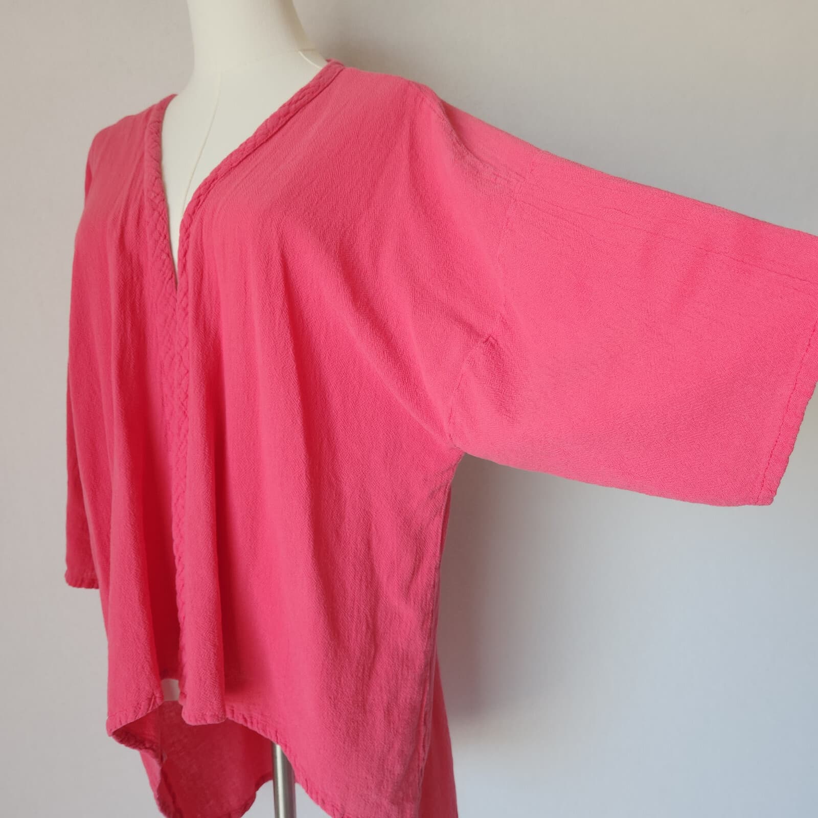 Oh My Gauze Lagenlook Open Front Kimono Hi-Low Light Jacket Pink Cotton One Size - Thumbnail 4