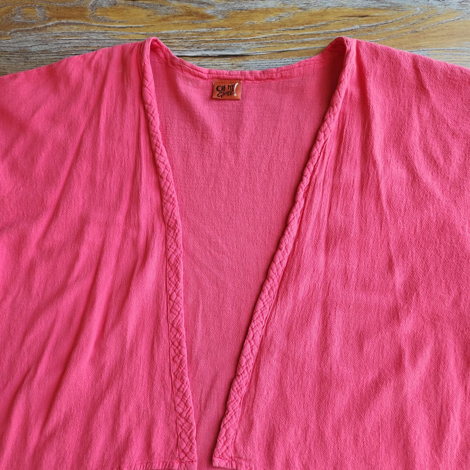 Oh My Gauze Lagenlook Open Front Kimono Hi-Low Light Jacket Pink Cotton One Size - Thumbnail 7